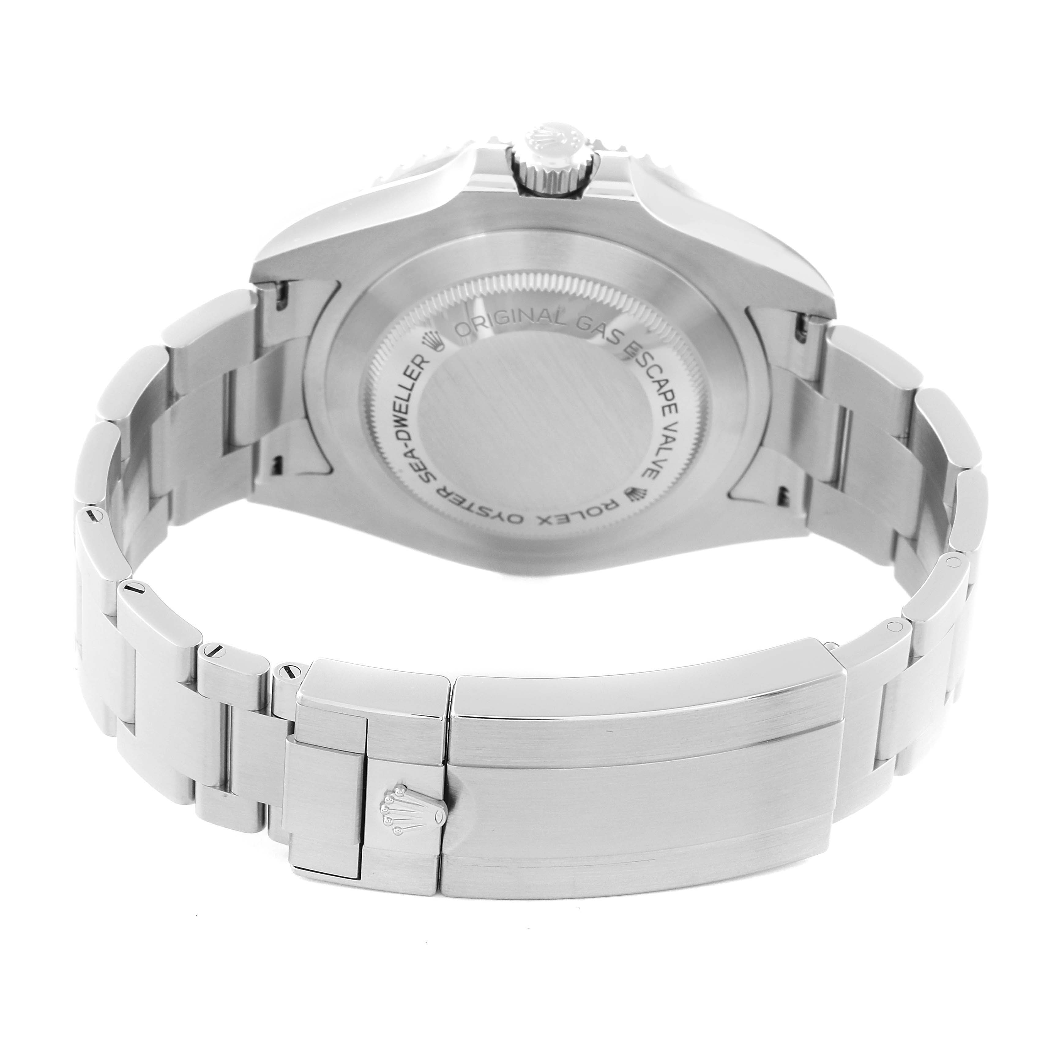 This image shows the back and clasp of a Rolex Sea-Dweller 126600 Men
s Stainless Steel Black Dial 126600 Men
s Stainless Steel Black Dial watch, highlighting the bracelet and case back.