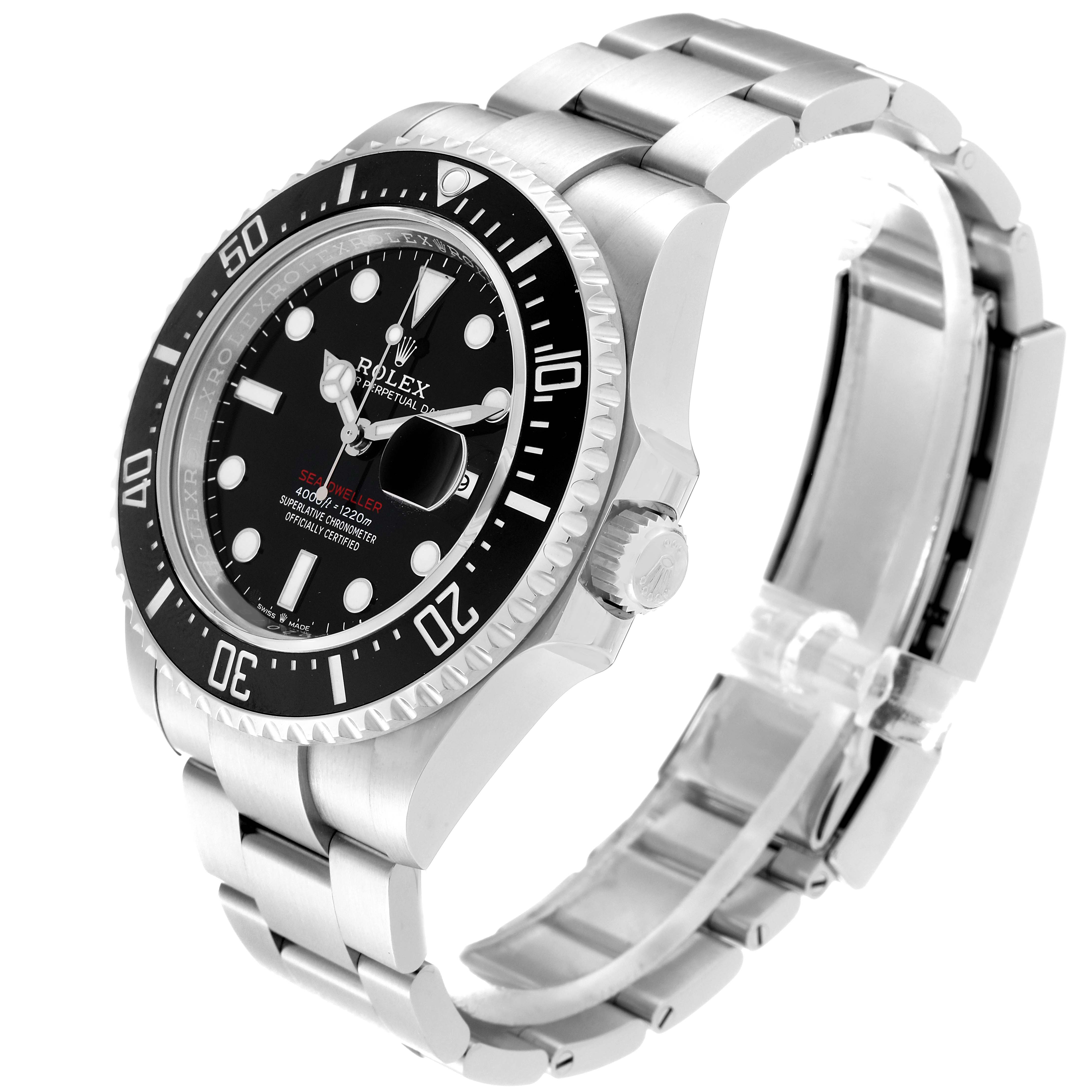 The Rolex Sea-Dweller 126600 Men
s Stainless Steel Black Dial 126600 Men
s Stainless Steel Black Dial watch is shown at a three-quarter angle, highlighting the bezel, crown, and a portion of the bracelet.
