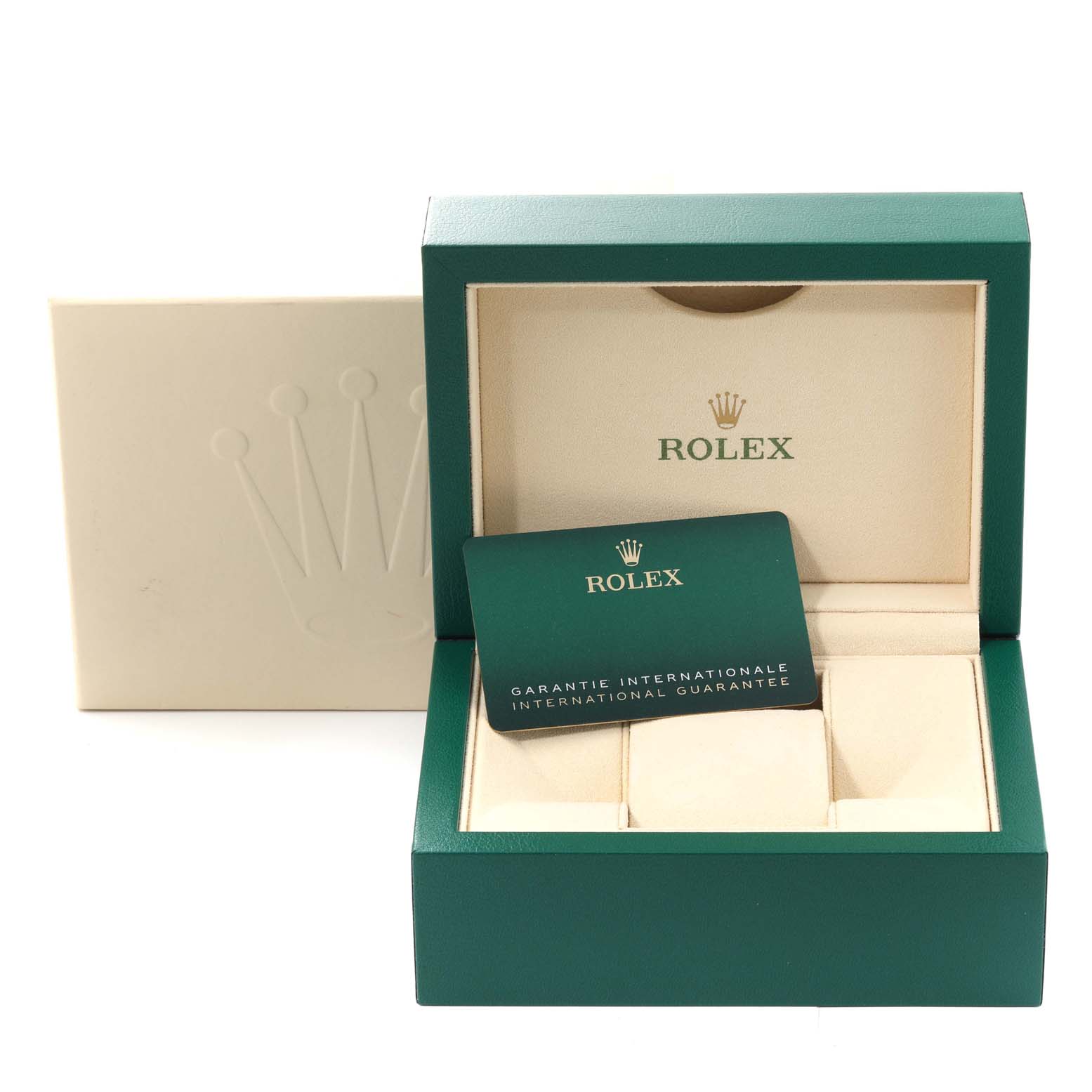 The image shows a Rolex Sea-Dweller 126600 Men
s Stainless Steel Black Dial 126600 Men
s Stainless Steel Black Dial watch box and international guarantee card, viewed from the front.