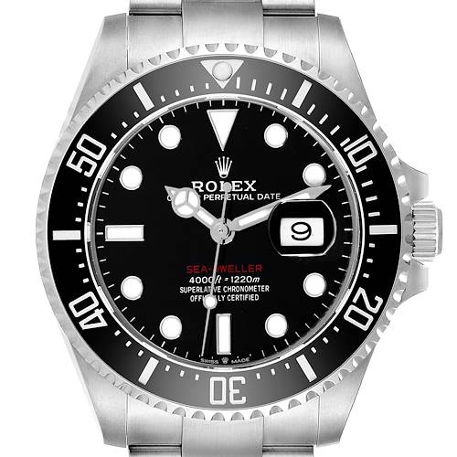 This image shows a front view of the Rolex Sea-Dweller watch, highlighting the dial, bezel, and bracelet.