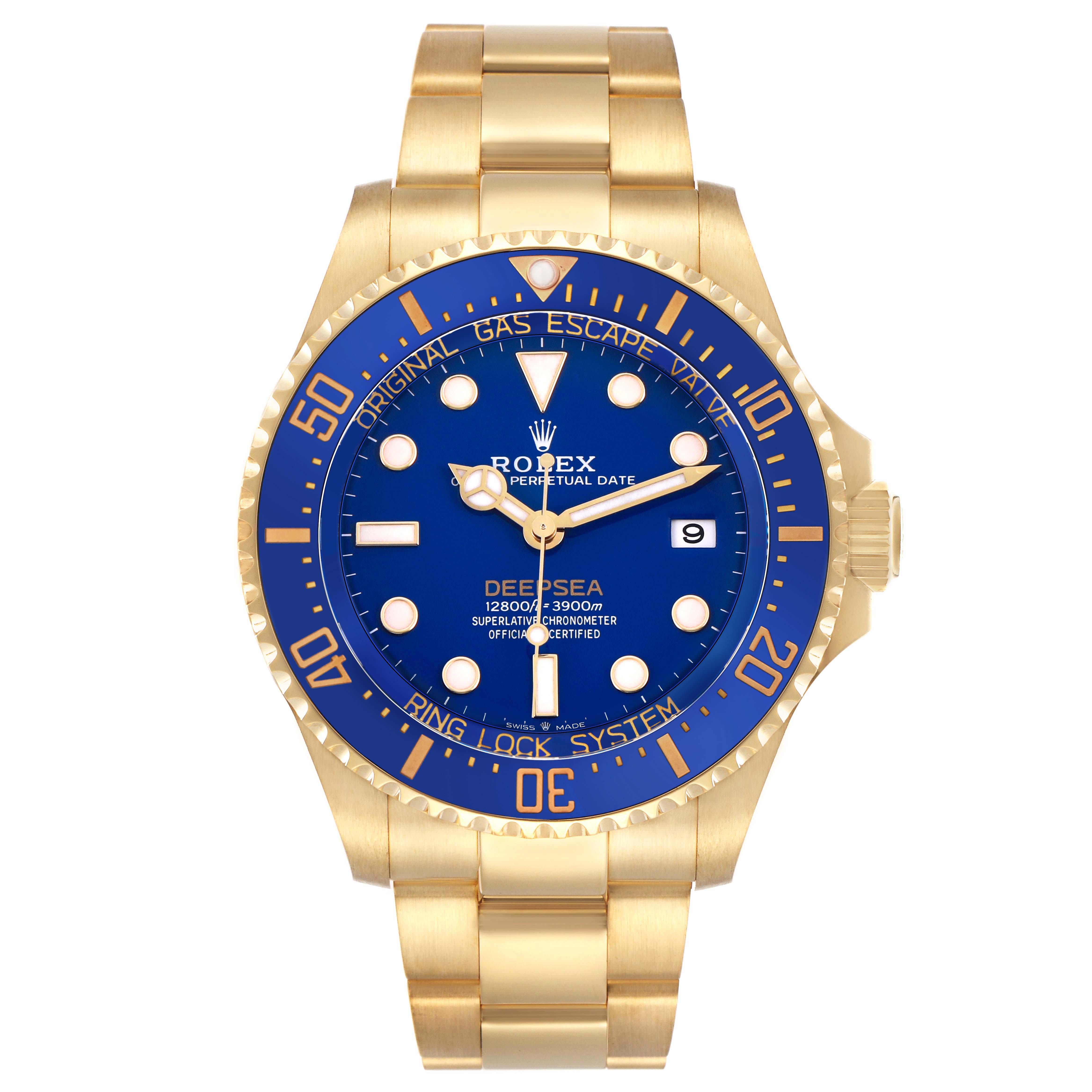 The image shows a Rolex Sea-Dweller 136668LB Men's Yellow Gold Blue Dial watch from the front with emphasis on the bezel, dial, and bracelet.