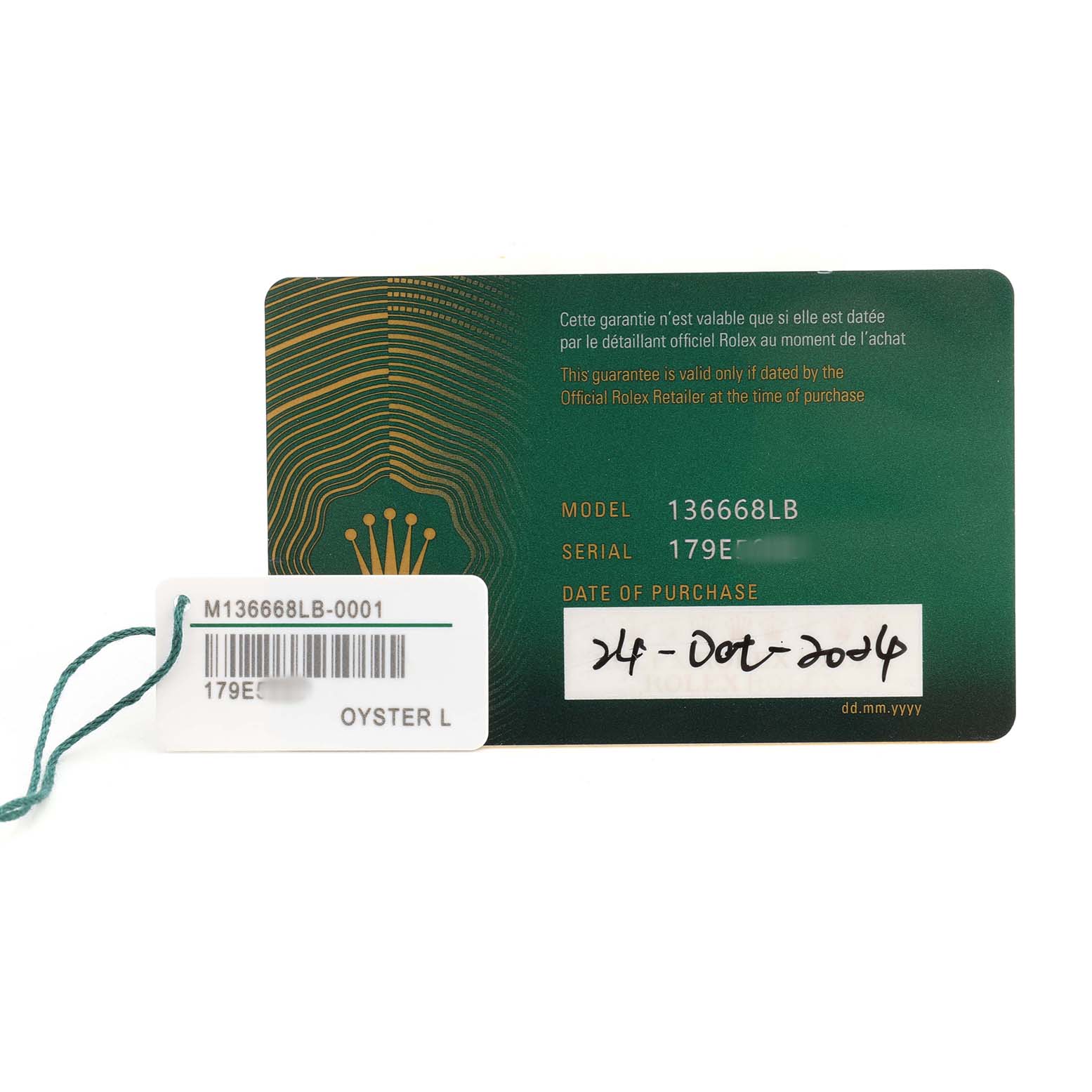 The image shows a warranty card for a Rolex Sea-Dweller 136668LB Men's Yellow Gold Blue Dial, model 136668LB, with purchase details.