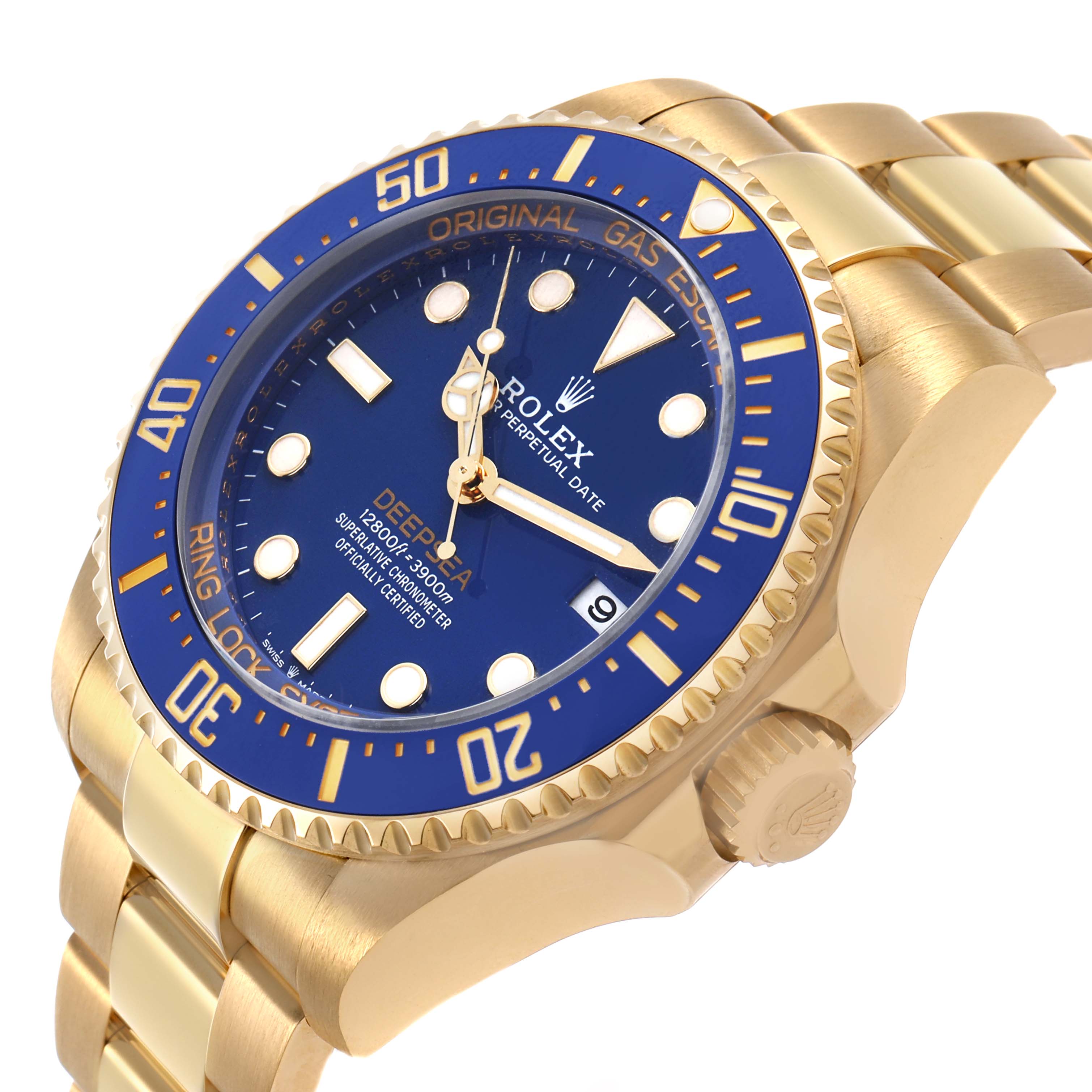 The Rolex Sea-Dweller 136668LB Men's Yellow Gold Blue Dial is shown at a slight angle, highlighting the blue dial, bezel, and gold bracelet.