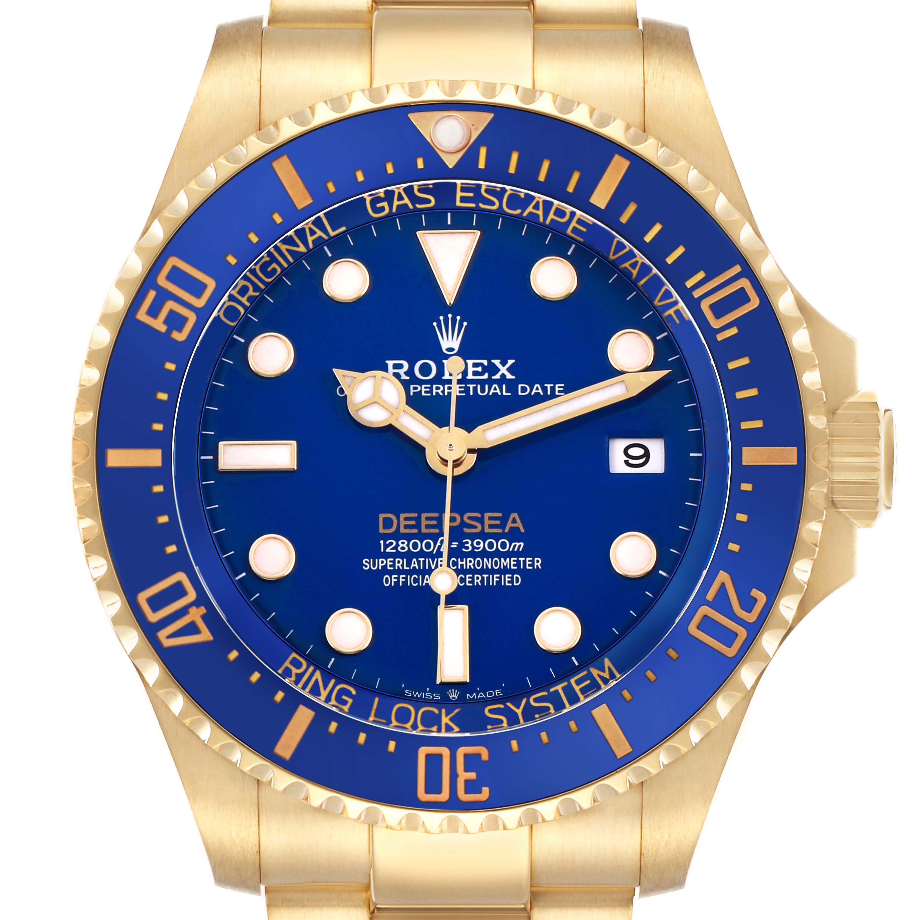 The image shows a frontal view of the Rolex Sea-Dweller 136668LB Men's Yellow Gold Blue Dial watch, highlighting the blue dial and gold case.