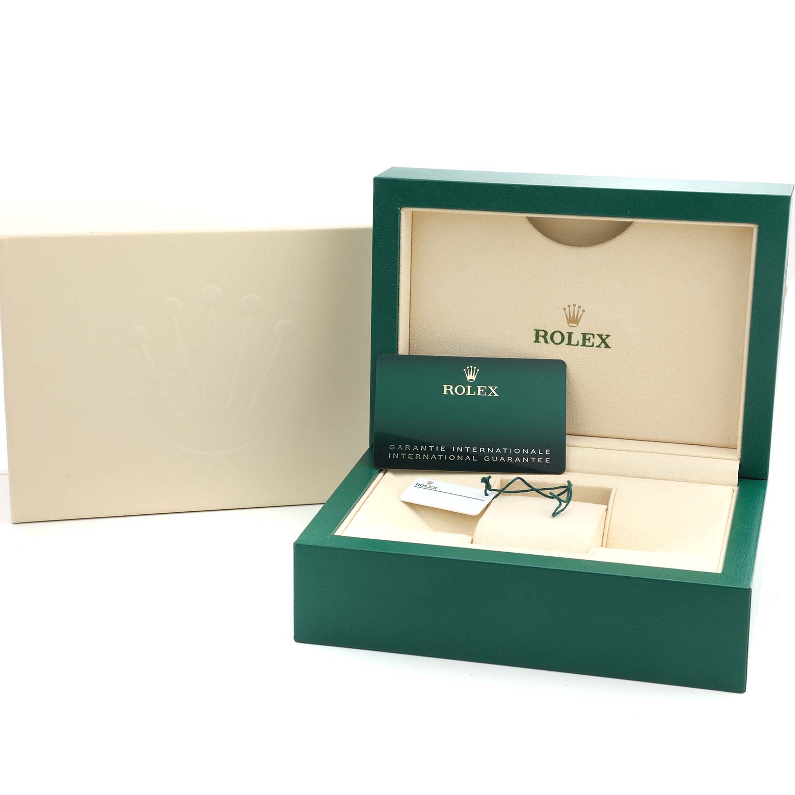 The image shows the packaging and accessories for a Rolex Sea-Dweller 136668LB Men's Yellow Gold Blue Dial, including a box and warranty card.