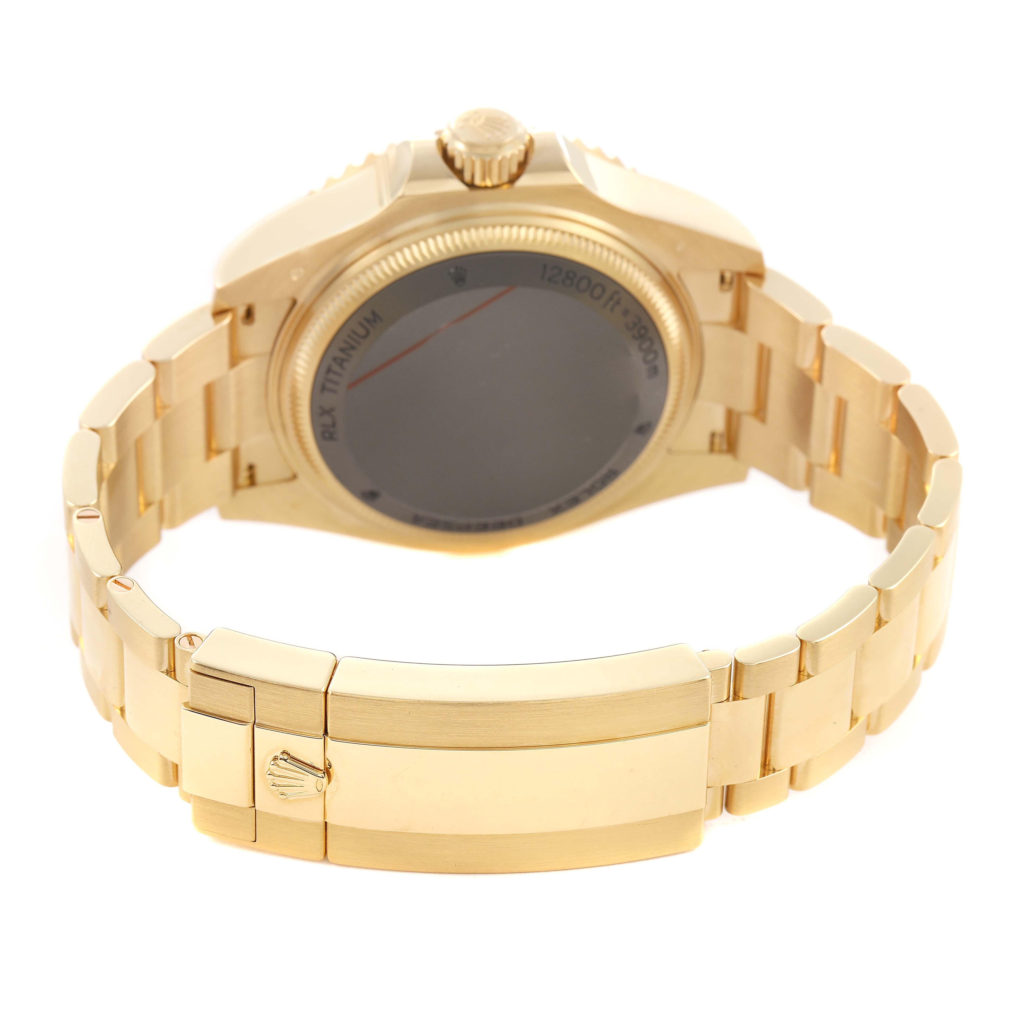 The Rolex Sea-Dweller 136668LB Men's Yellow Gold Blue Dial is shown from the back, highlighting the bracelet and closed clasp with visible engravings on the case back.