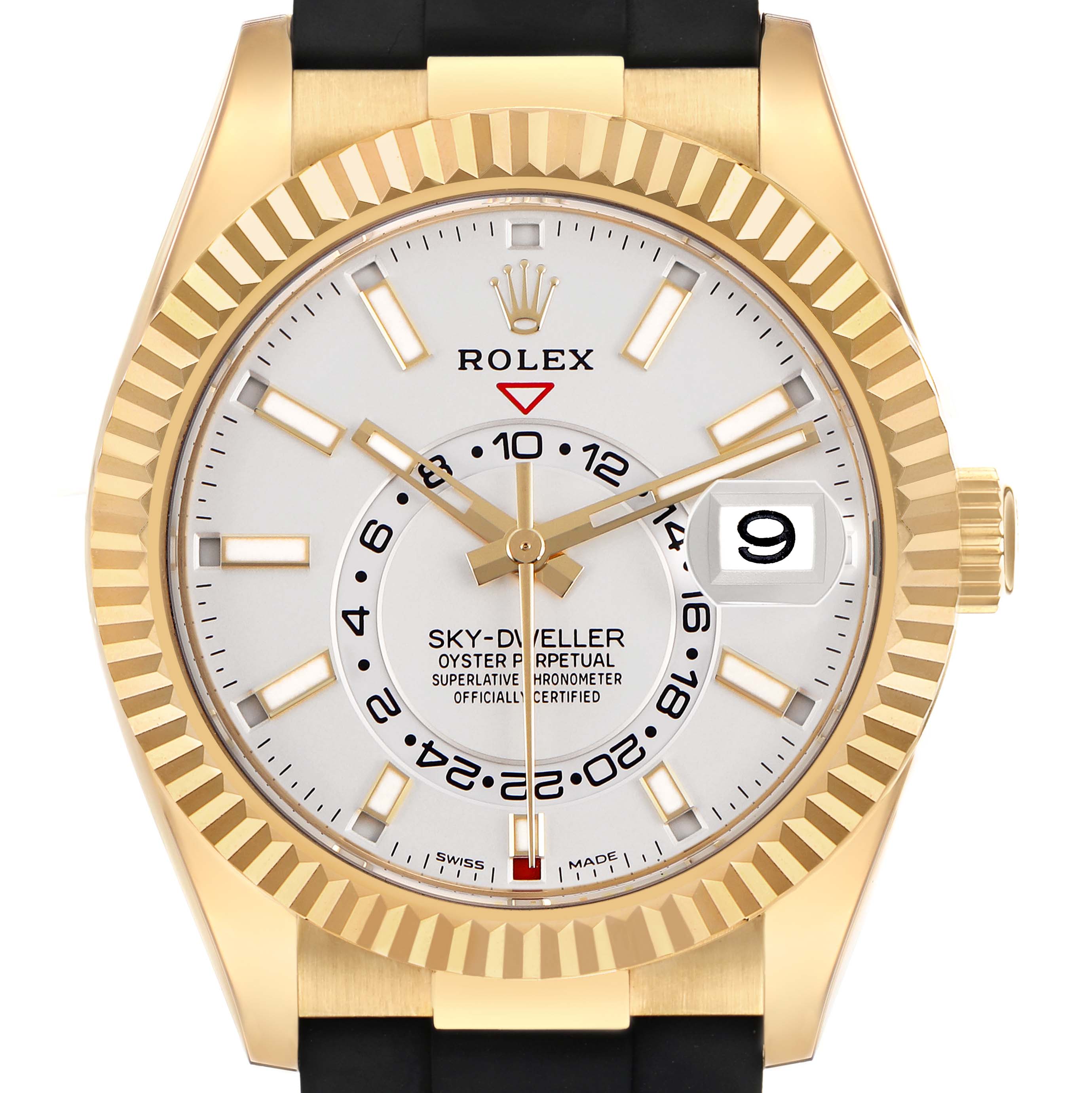 The Rolex Sky-Dweller 326238 Men's Yellow Gold White Dial watch is shown from a front angle, highlighting its face, bezel, and strap.