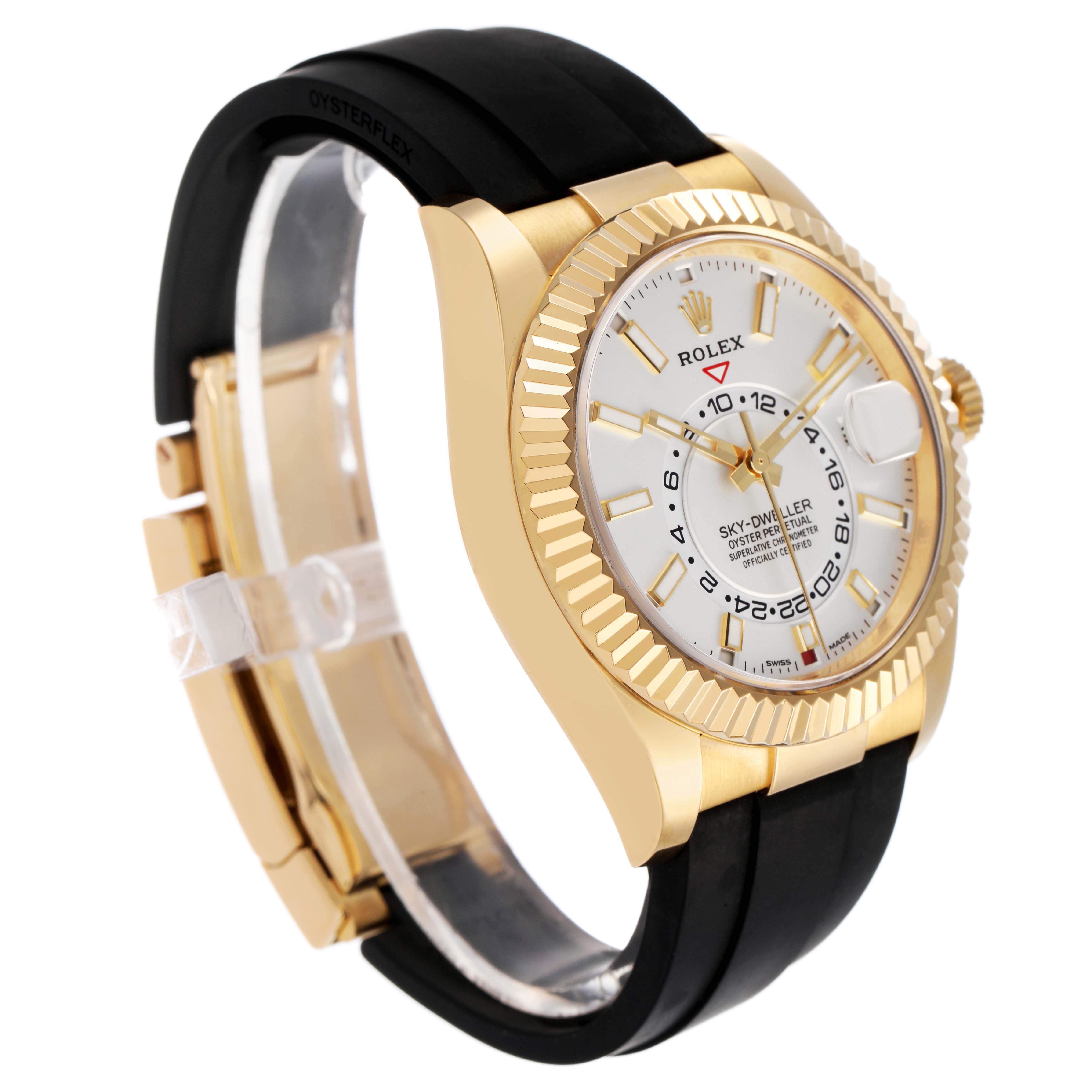 The image shows a Rolex Sky-Dweller 326238 Men's Yellow Gold White Dial at a slight angle, highlighting the gold case, fluted bezel, white dial, and black Oysterflex strap.