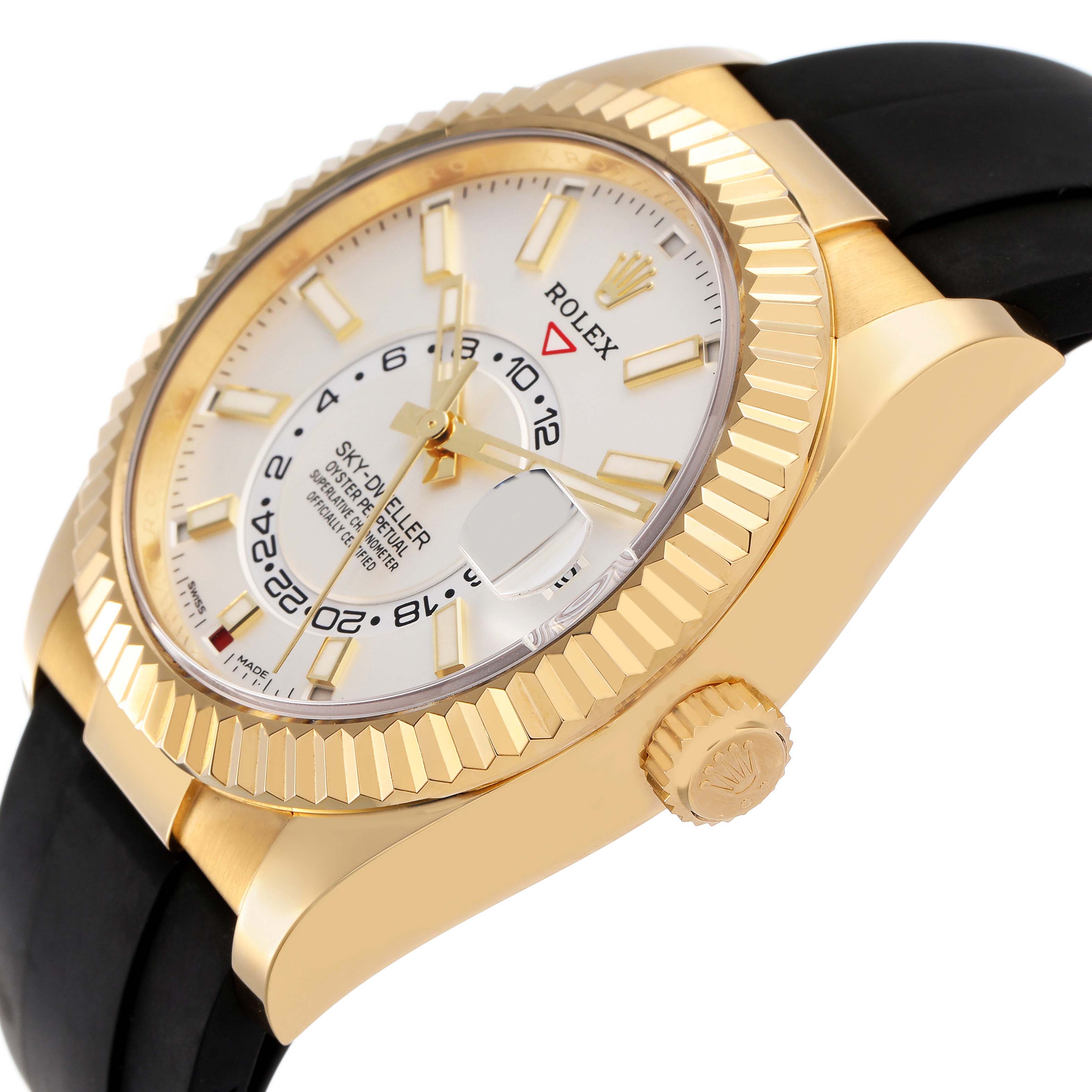 The image shows a side angle of the Rolex Sky-Dweller 326238 Men's Yellow Gold White Dial, highlighting the gold case, fluted bezel, crown, and part of the black strap.