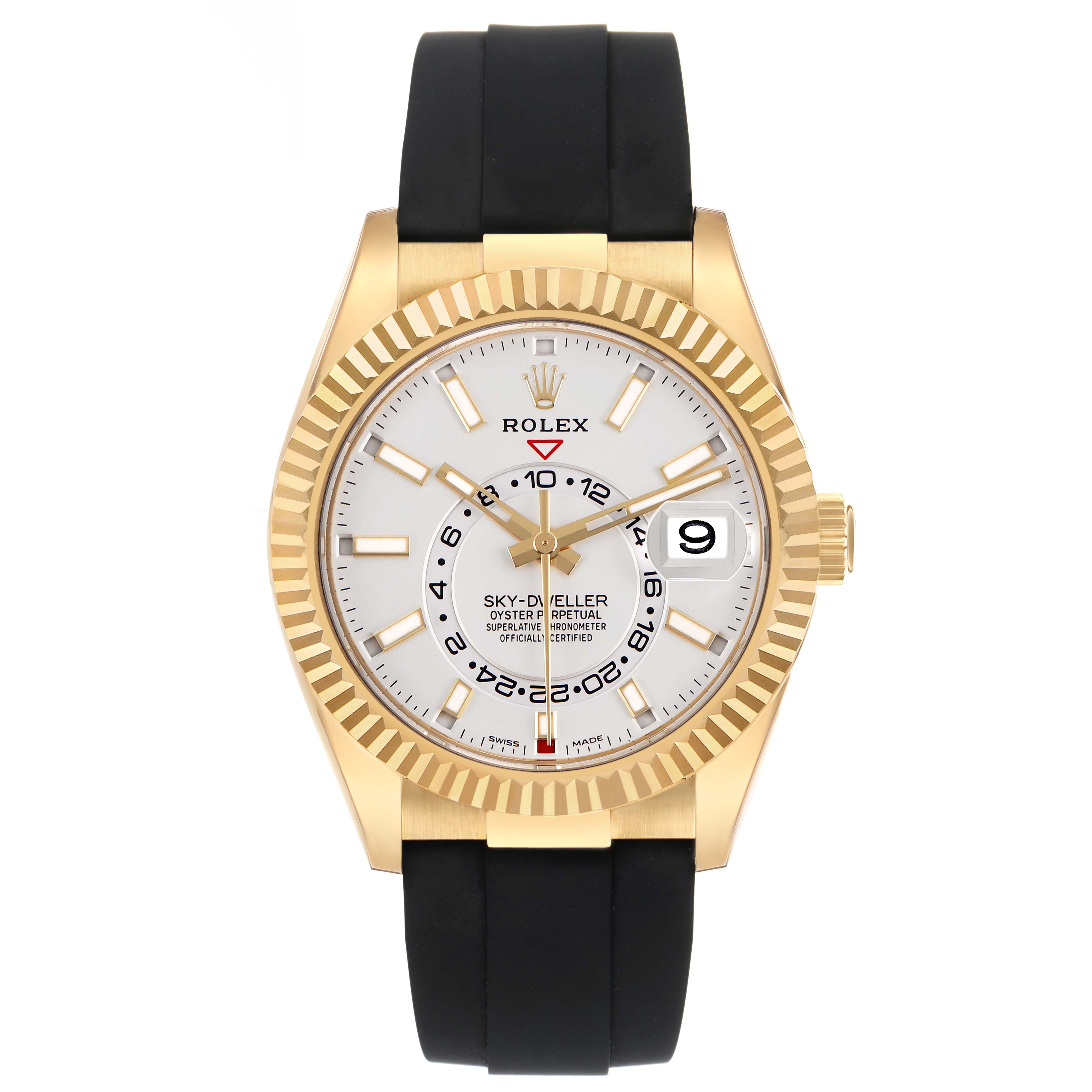 The Rolex Sky-Dweller 326238 Men's Yellow Gold White Dial watch is shown from the front, featuring the dial, bezel, and black strap.