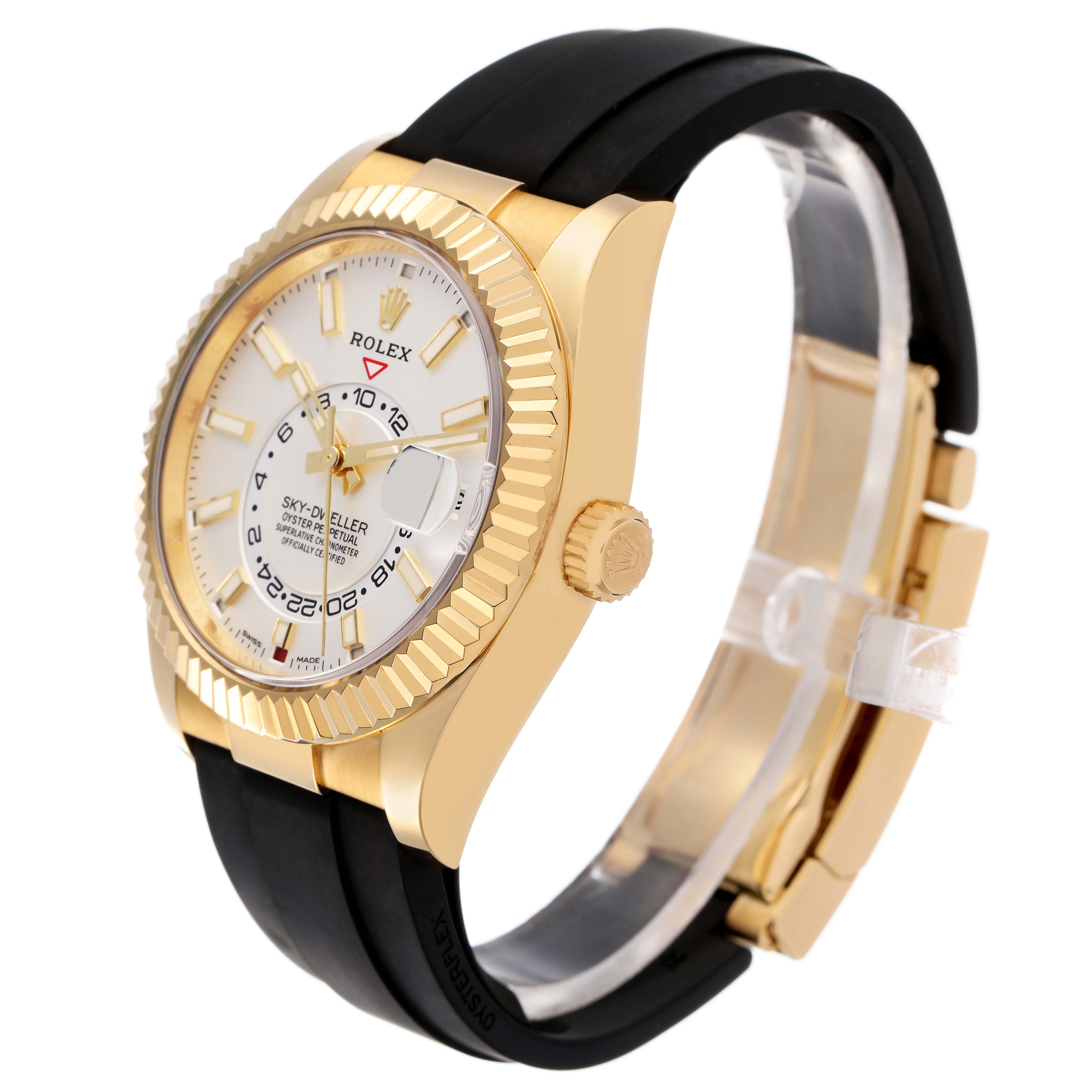 The image shows a Rolex Sky-Dweller 326238 Men's Yellow Gold White Dial from a side angle, highlighting the gold case, white dial, bezel, and black strap.