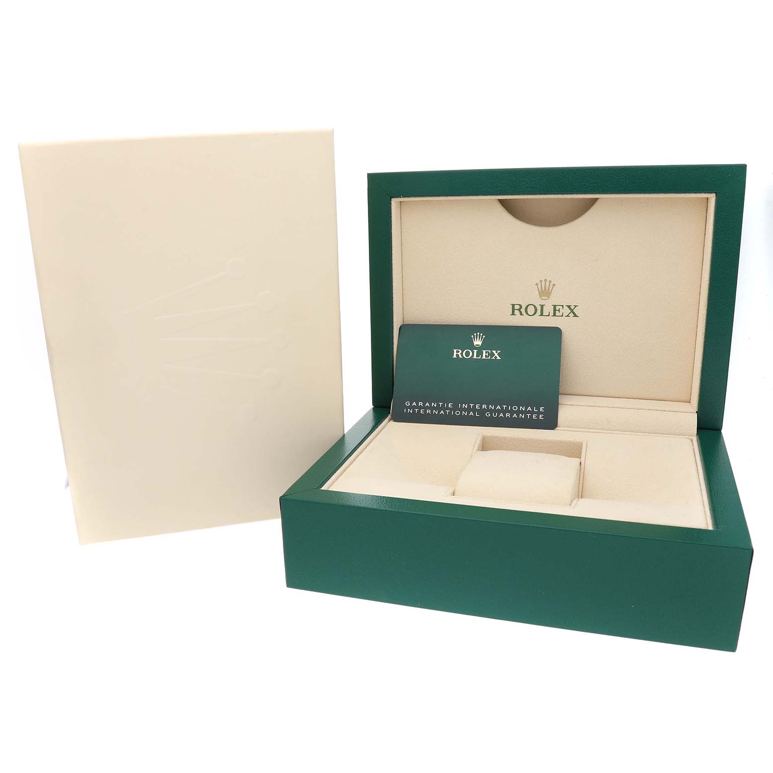 The image shows a Rolex Sky-Dweller 326238 Men's Yellow Gold White Dial box set with a beige interior and a warranty card placed inside.