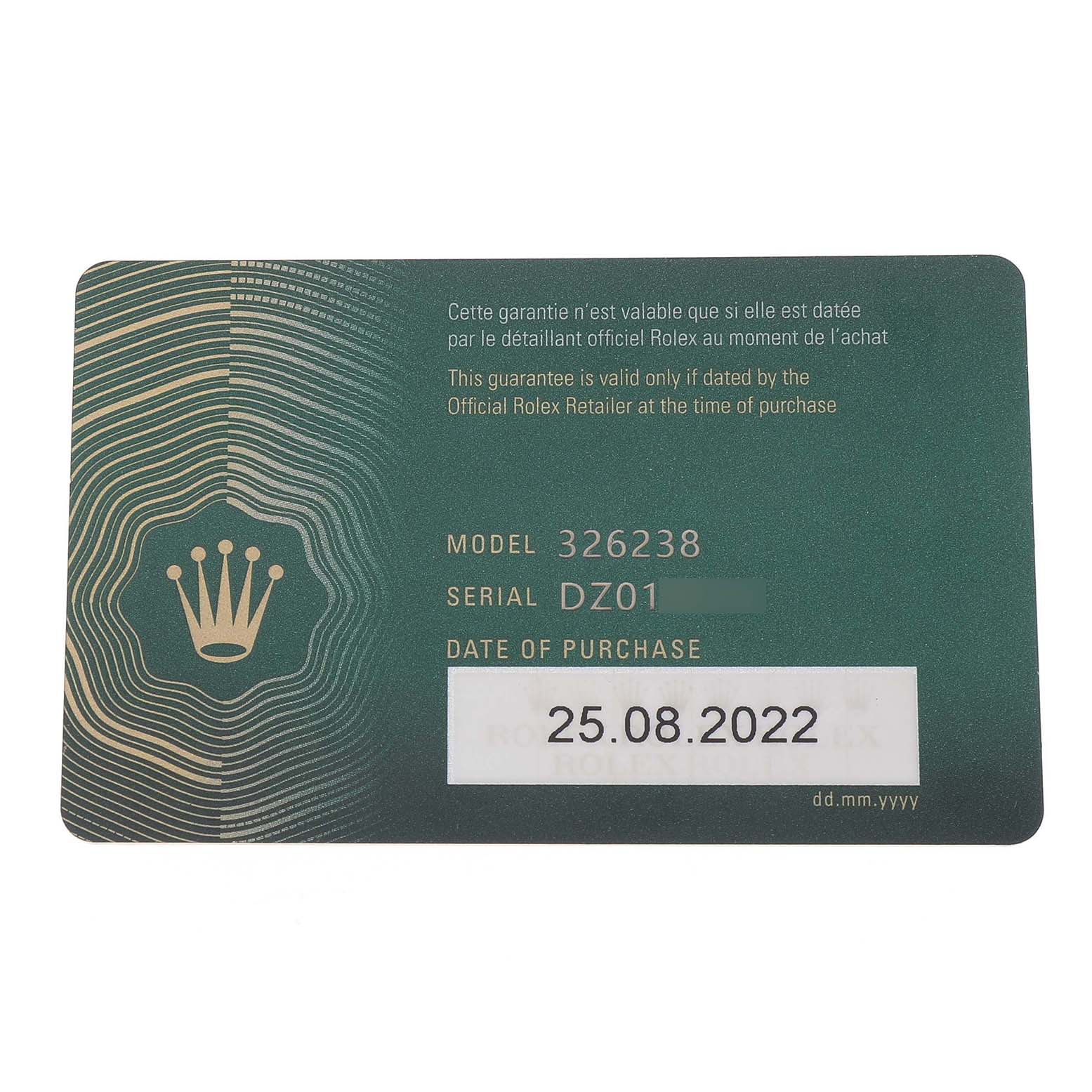 The image shows a warranty card for the Rolex Sky-Dweller 326238 Men's Yellow Gold White Dial, displaying the model, serial number, and purchase date.