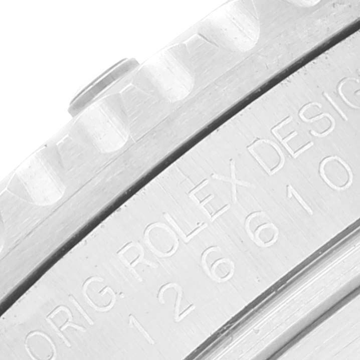 The image shows a close-up of the bezel and case side engraving of a Rolex Submariner 126610 Men
s Stainless Steel Black Dial 126610 Men
s Stainless Steel Black Dial model watch.