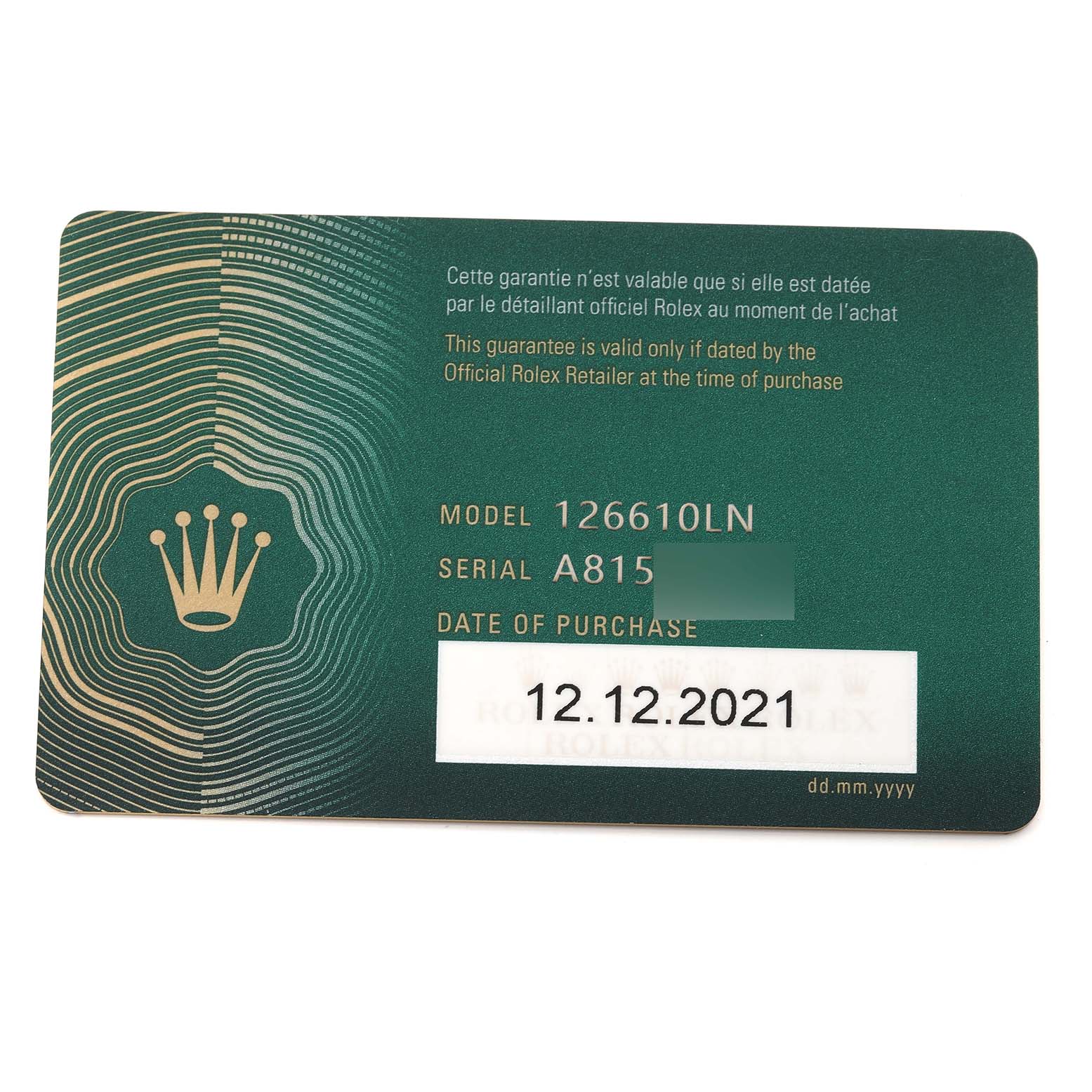 This image shows the warranty card for the Rolex Submariner 126610 Men
s Stainless Steel Black Dial 126610 Men
s Stainless Steel Black Dial model 126610LN with purchase date 12.12.2021.