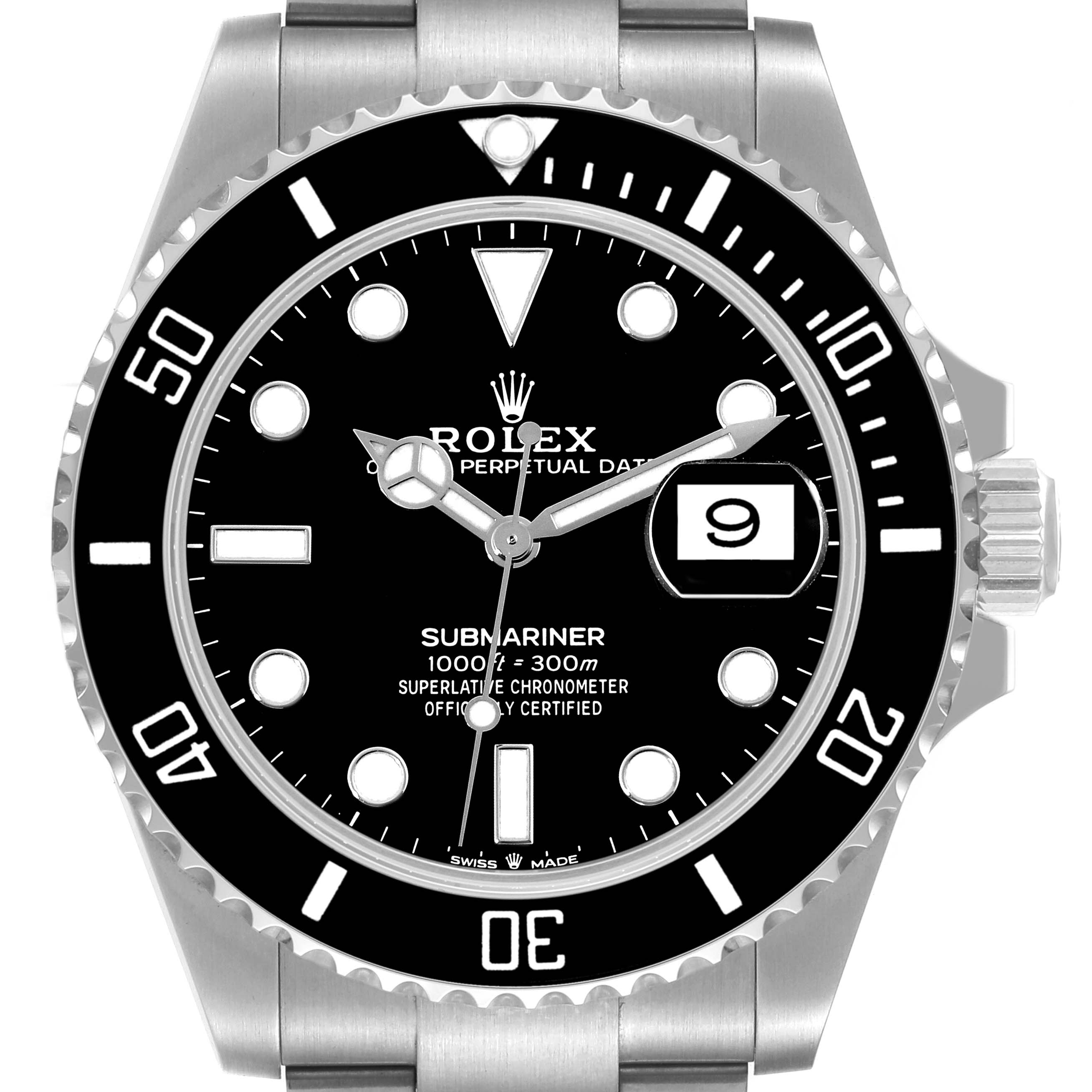 This image shows a frontal view of a Rolex Submariner 126610 Men
s Stainless Steel Black Dial 126610 Men
s Stainless Steel Black Dial watch, highlighting the dial, bezel, and part of the bracelet.