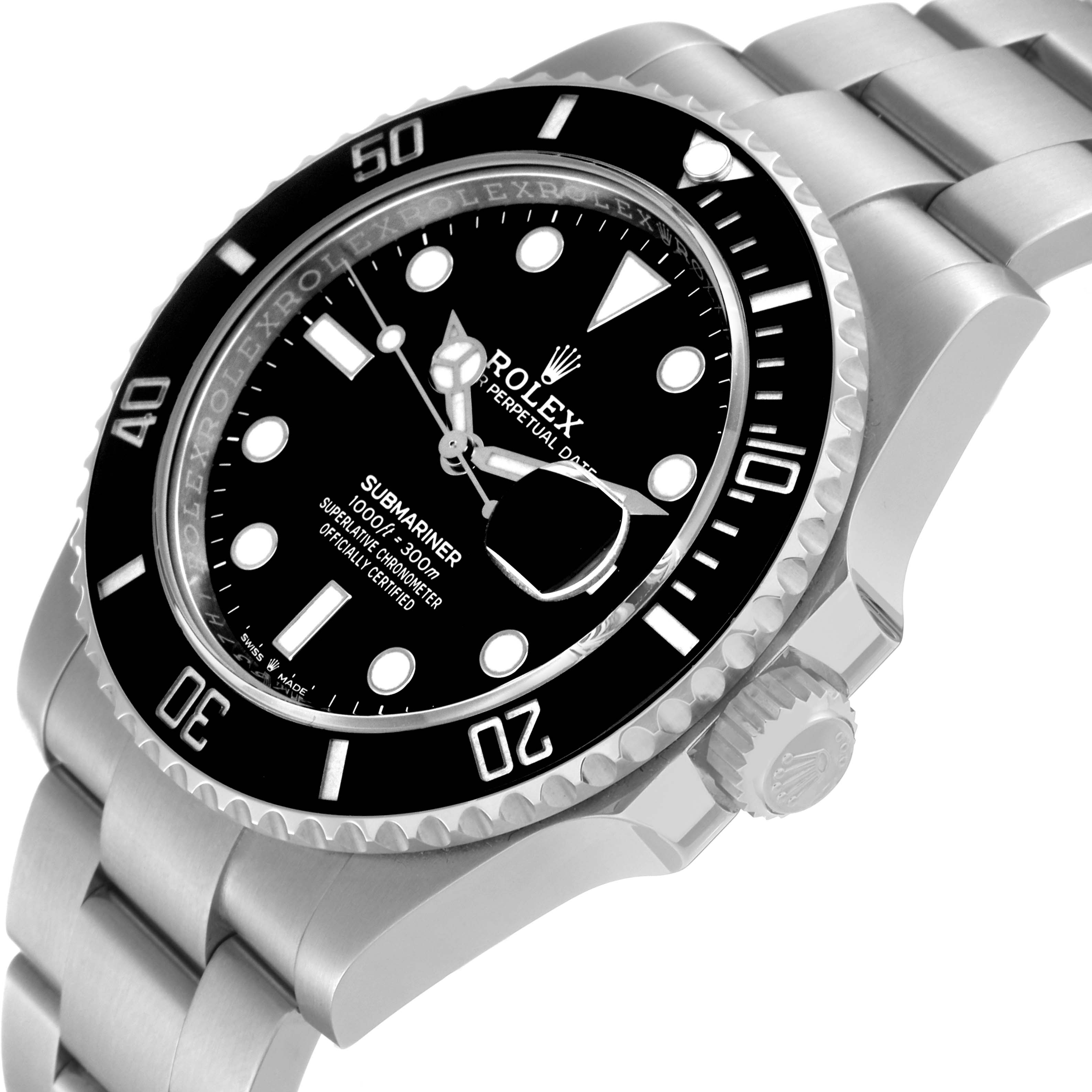 The image shows a close-up angle of a Rolex Submariner 126610 Men
s Stainless Steel Black Dial 126610 Men
s Stainless Steel Black Dial watch, highlighting its dial, bezel, date magnifier, and bracelet.