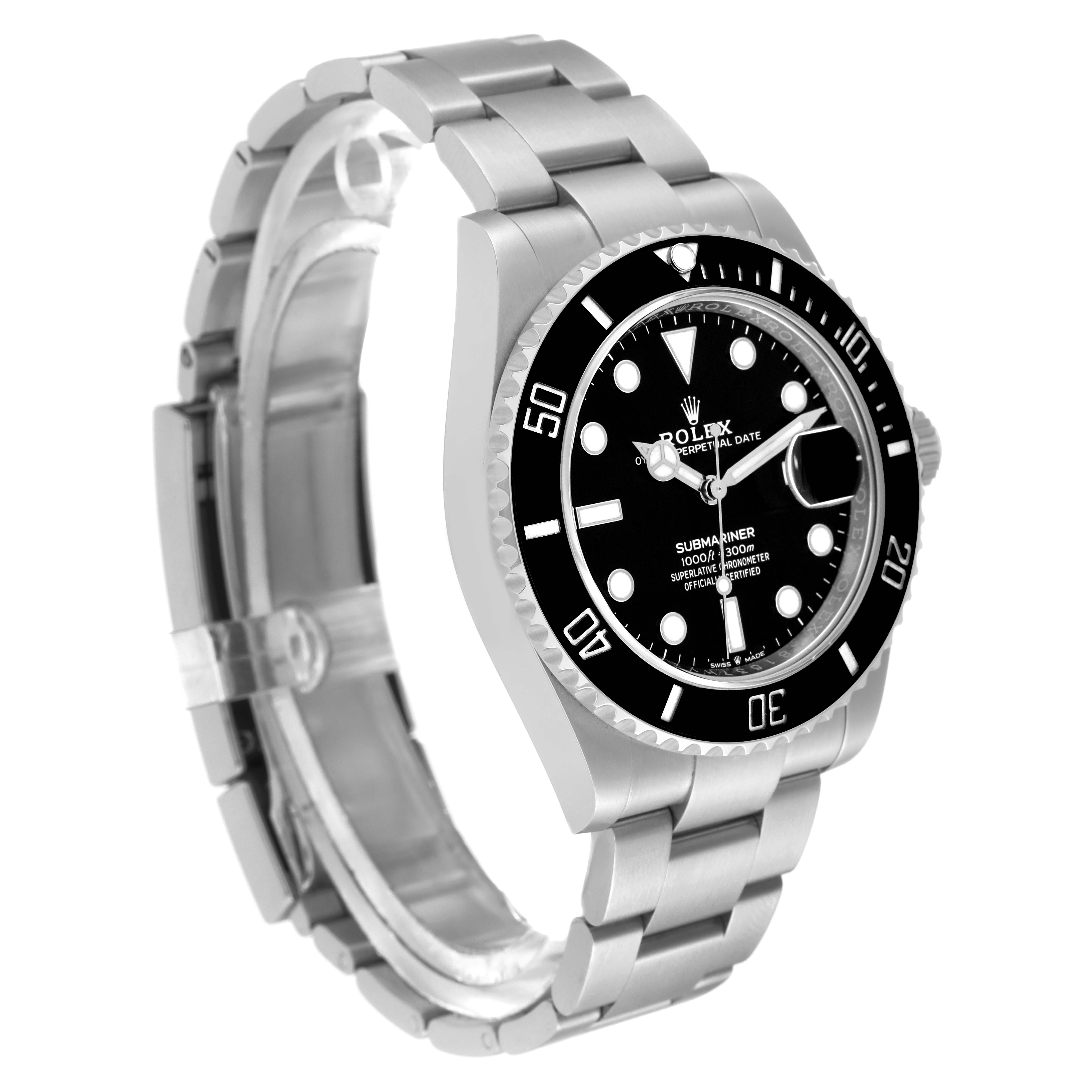 The image shows a side angle of the Rolex Submariner 126610 Men
s Stainless Steel Black Dial 126610 Men
s Stainless Steel Black Dial watch, highlighting the dial, bezel, and bracelet.