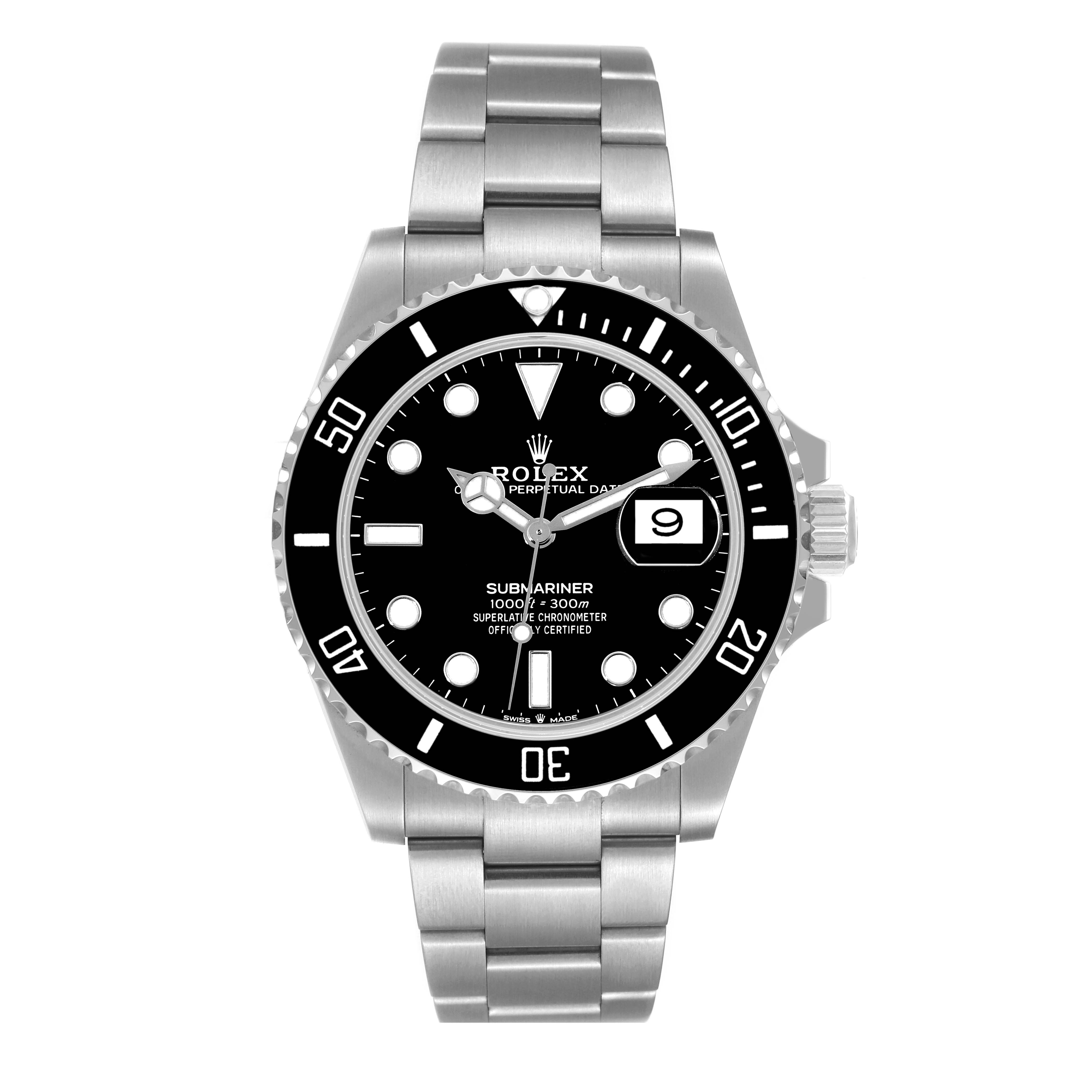 The image shows a Rolex Submariner 126610 Men
s Stainless Steel Black Dial 126610 Men
s Stainless Steel Black Dial watch from the front, displaying its dial, bezel, and bracelet.