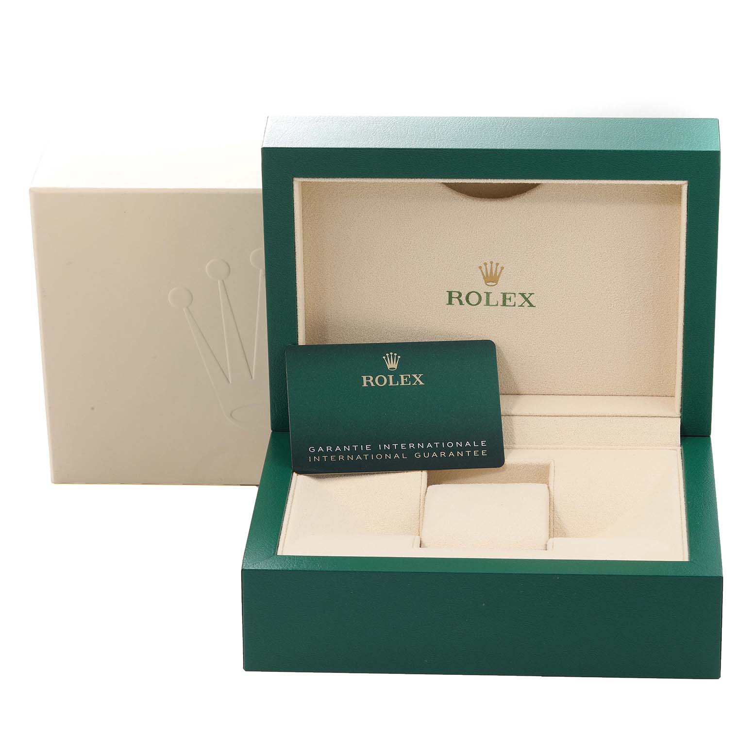 The image shows the packaging and international guarantee card for a Rolex Submariner 126610 Men
s Stainless Steel Black Dial 126610 Men
s Stainless Steel Black Dial watch.