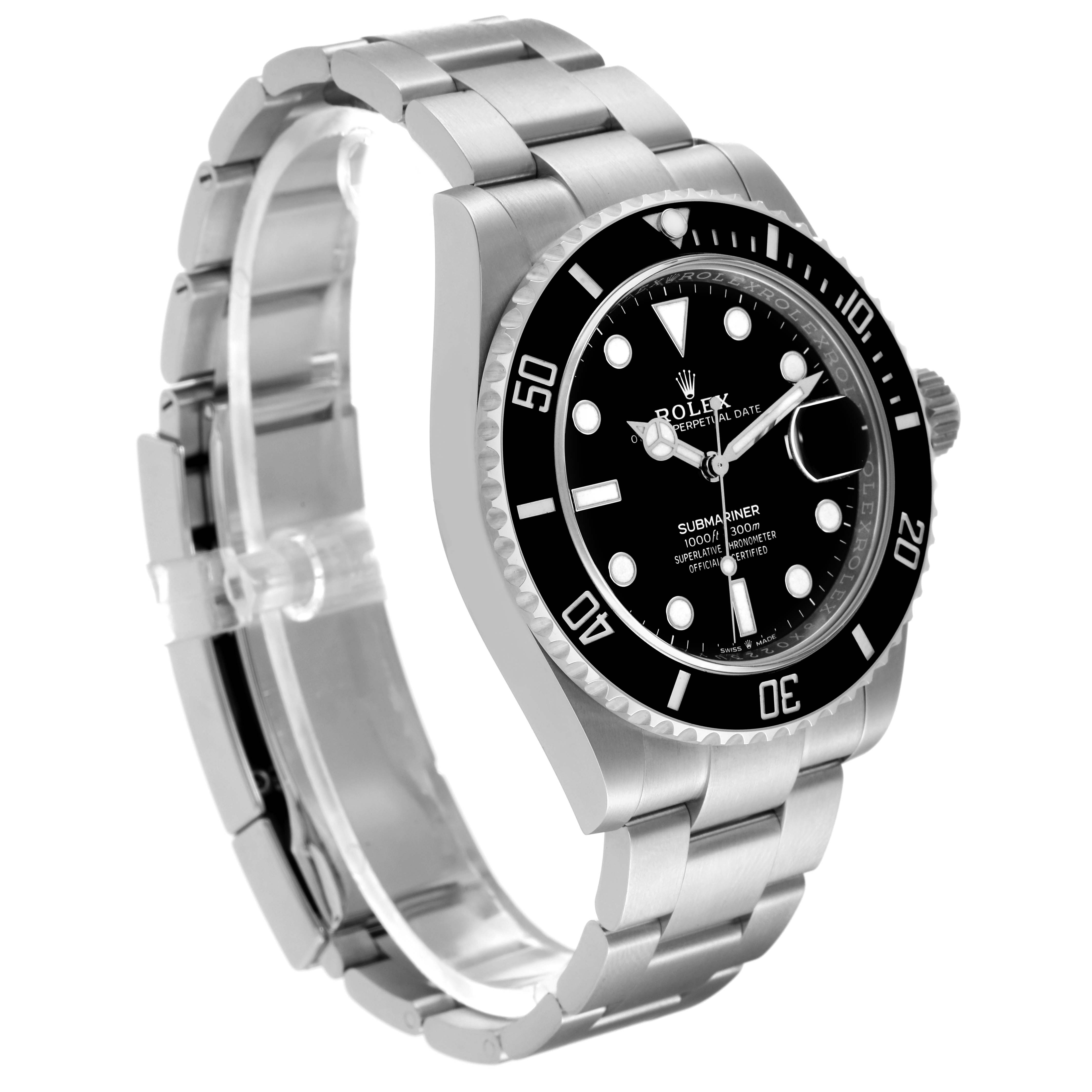 The image shows the Rolex Submariner 126610 Men
s Stainless Steel Black Dial 126610 Men
s Stainless Steel Black Dial watch at a three-quarter angle, displaying its dial, bezel, crown, and stainless steel bracelet.