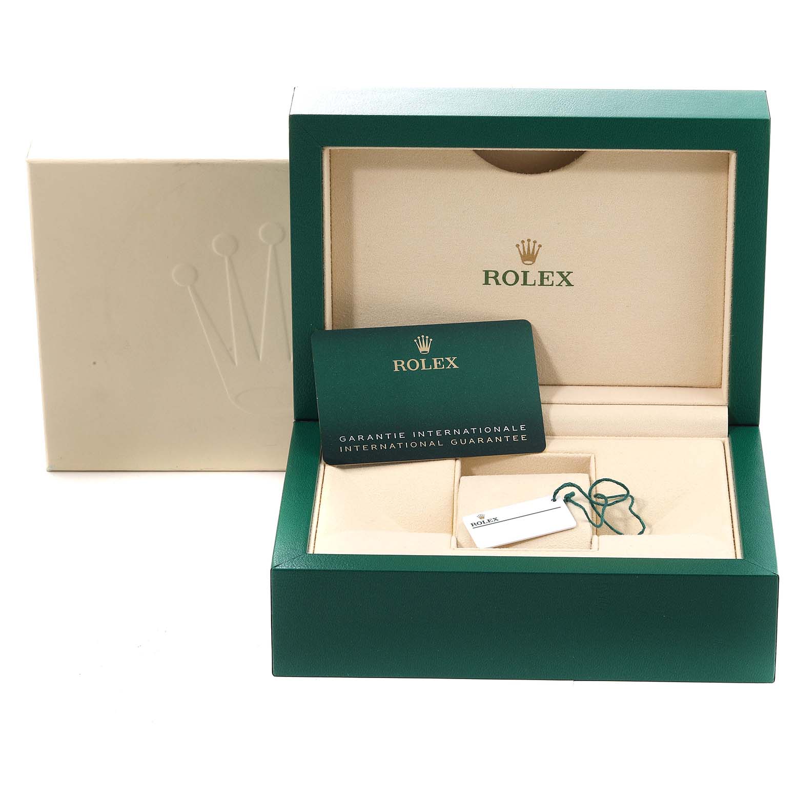 This image shows an open Rolex Submariner 126610 Men
s Stainless Steel Black Dial 126610 Men
s Stainless Steel Black Dial box with the guarantee card and tag displayed.