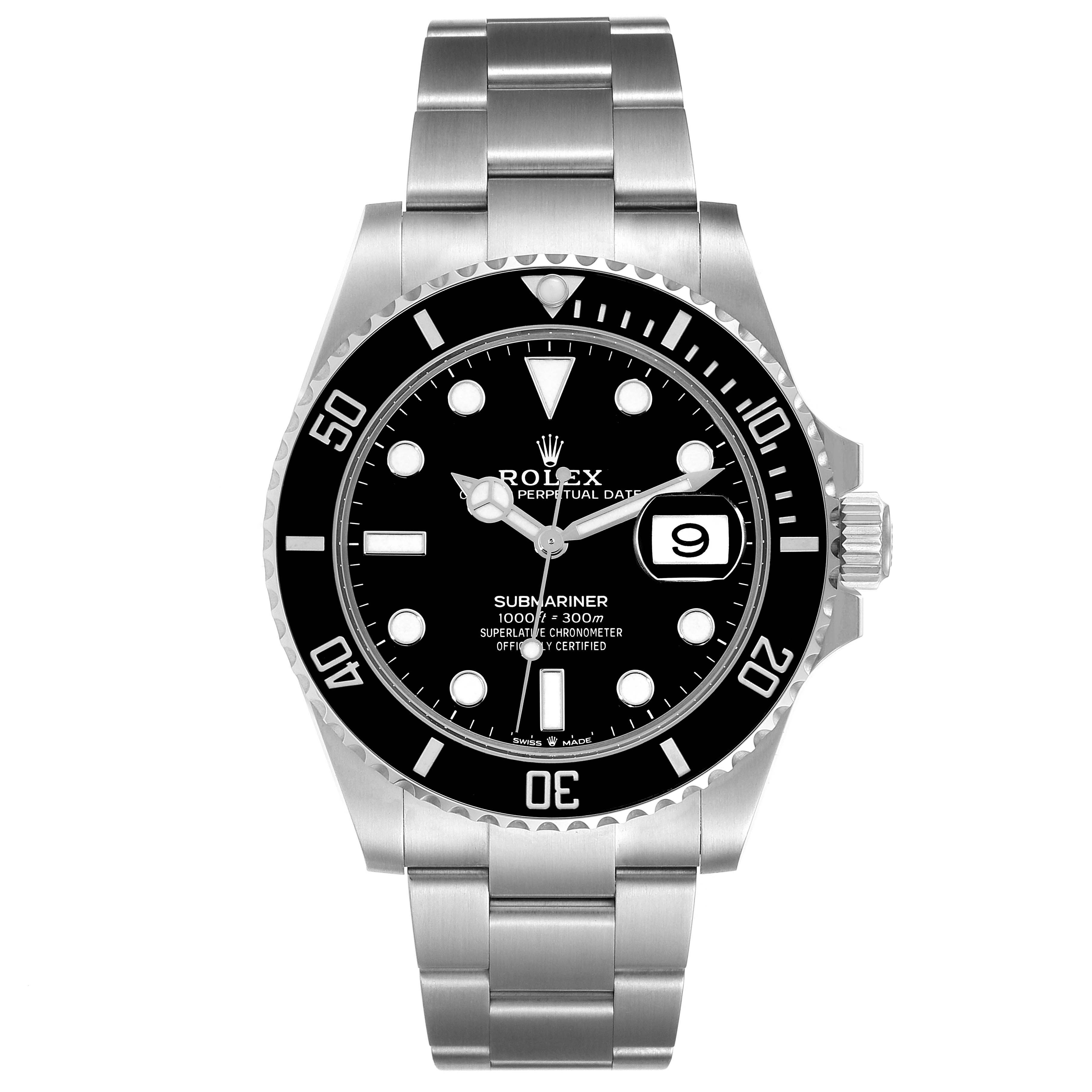 The image shows a front view of a Rolex Submariner 126610 Men
s Stainless Steel Black Dial 126610 Men
s Stainless Steel Black Dial watch, displaying the dial, bezel, and bracelet.