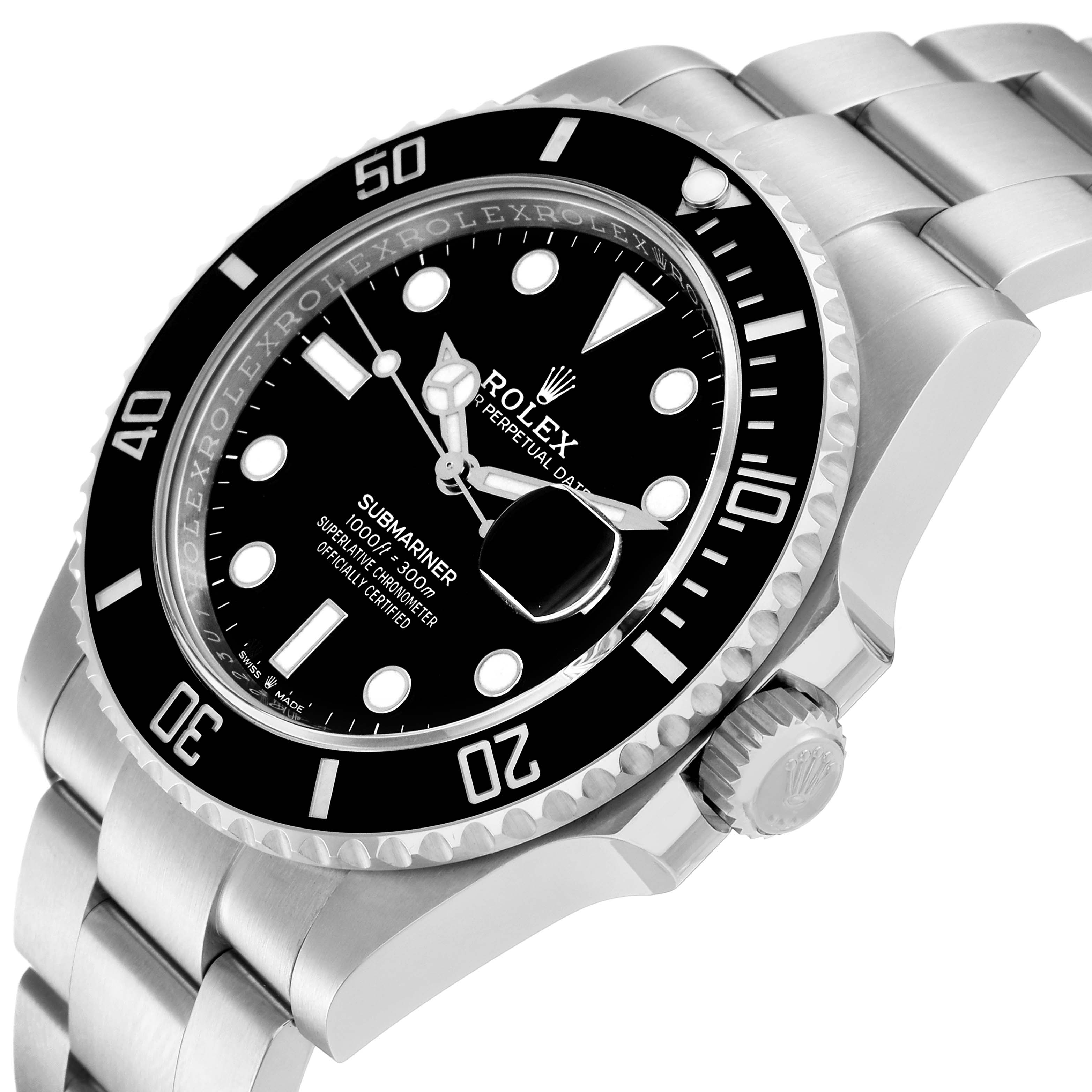 The image shows a side angle of the Rolex Submariner 126610 Men
s Stainless Steel Black Dial 126610 Men
s Stainless Steel Black Dial watch, highlighting the black dial, bezel, and metal bracelet.