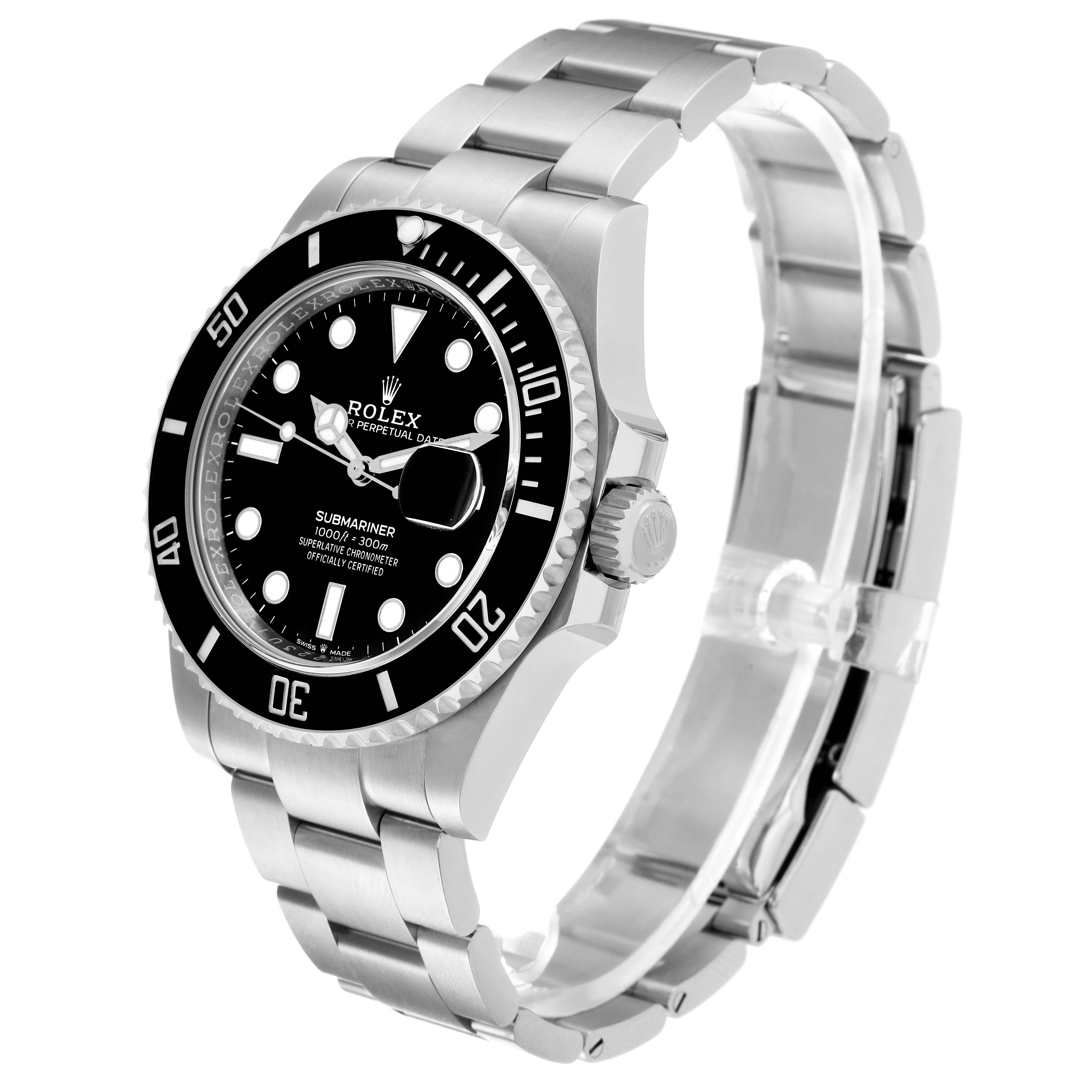 The image shows a side angle view of a Rolex Submariner 126610 Men
s Stainless Steel Black Dial 126610 Men
s Stainless Steel Black Dial watch, highlighting its bracelet, bezel, and dial.