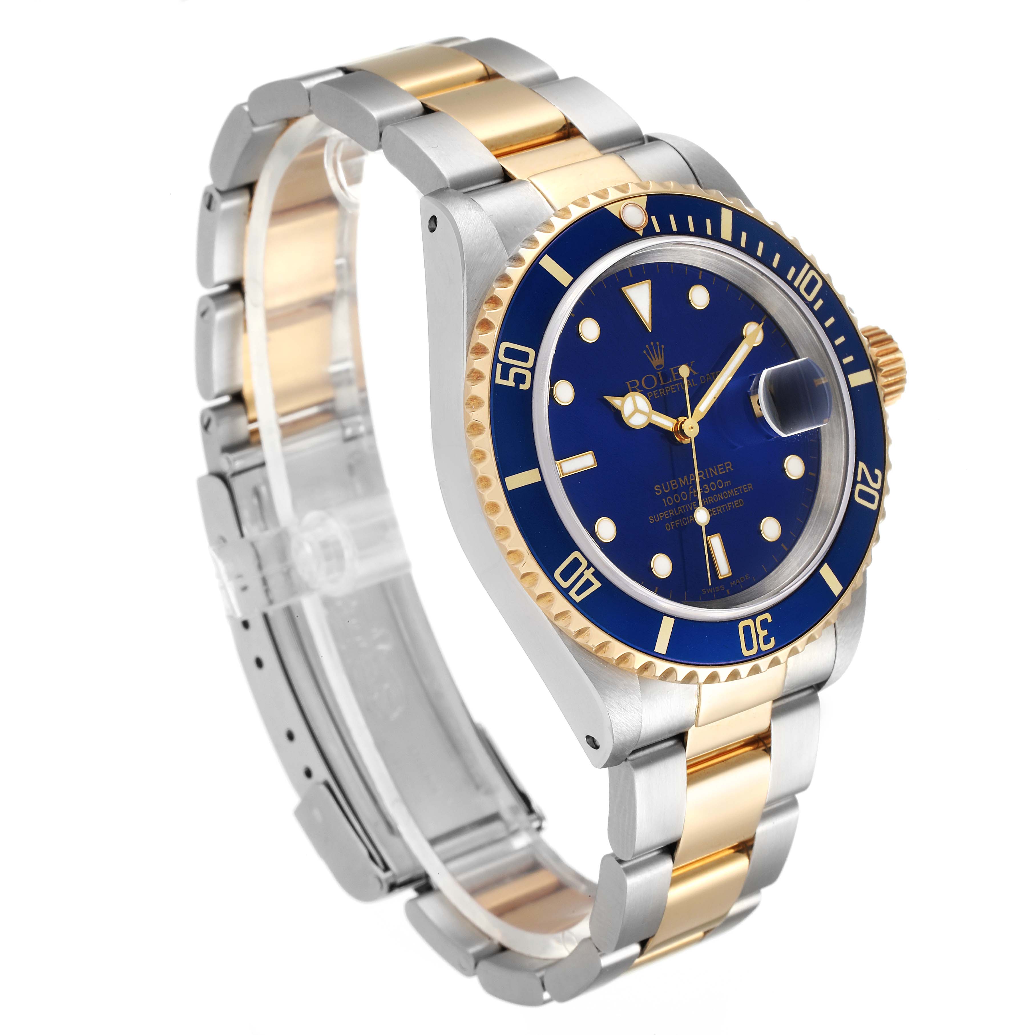 The image shows a side view of a Rolex Submariner 16613 Men's Steel and Gold (two tone) Blue Dial 16613 Men's Steel and Gold (two tone) Blue Dial watch, highlighting its blue dial, gold bezel, and two-tone metal bracelet.