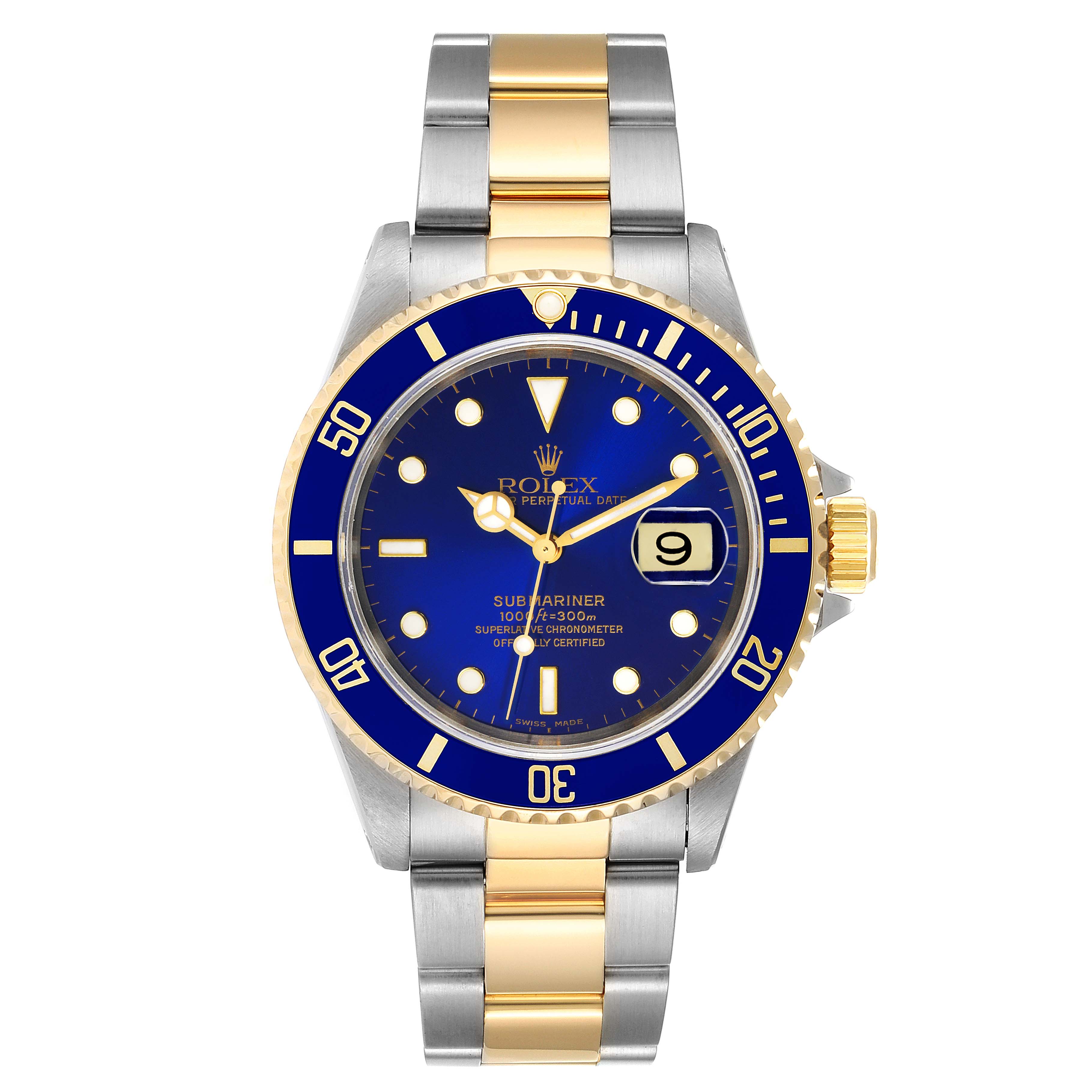 The image shows a front view of a Rolex Submariner 16613 Men's Steel and Gold (two tone) Blue Dial 16613 Men's Steel and Gold (two tone) Blue Dial watch featuring a blue dial, date display, and two-tone steel and gold bracelet.