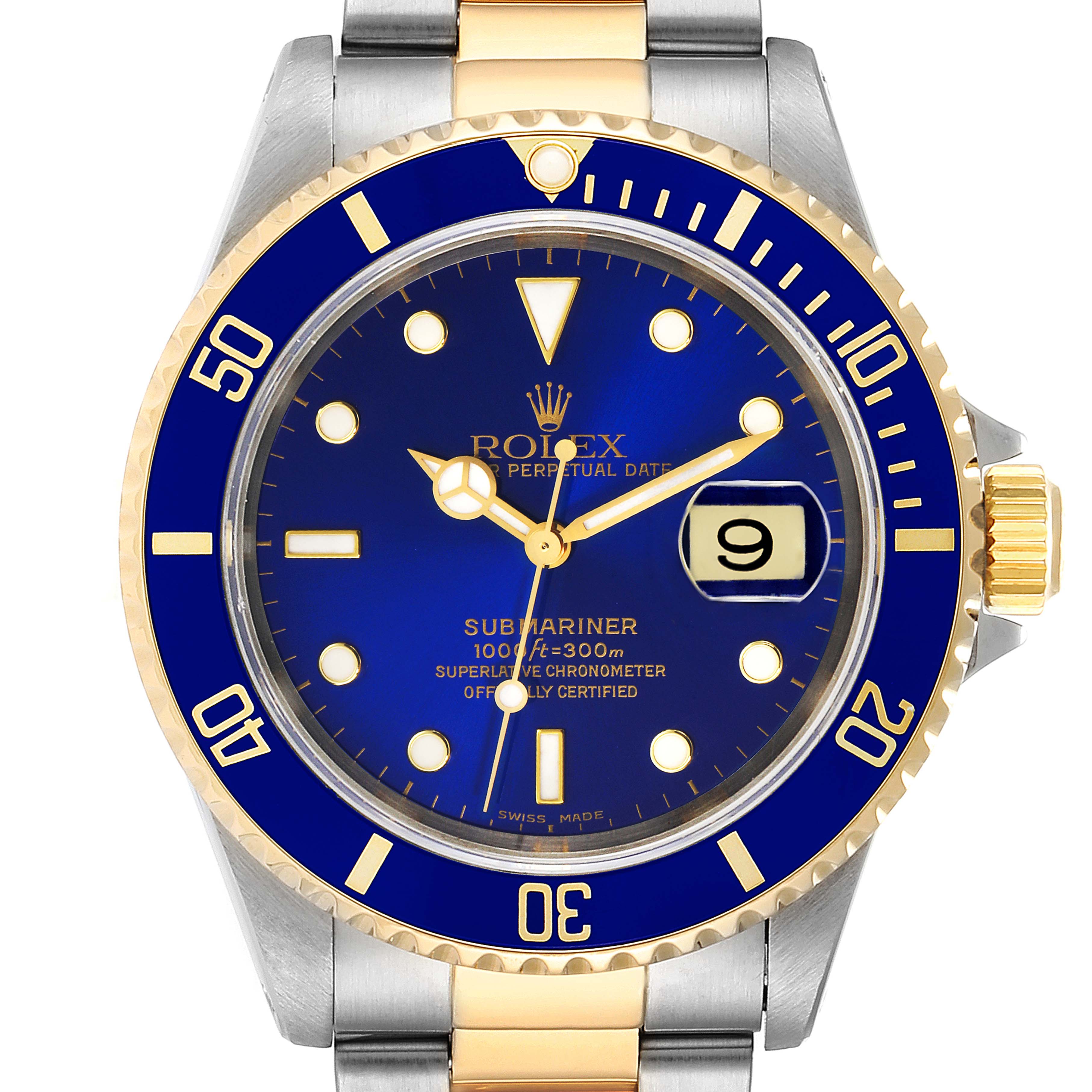 The Rolex Submariner 16613 Men's Steel and Gold (two tone) Blue Dial 16613 Men's Steel and Gold (two tone) Blue Dial watch is shown from a front angle, displaying its blue dial, date window, and gold-accented bezel and bracelet.
