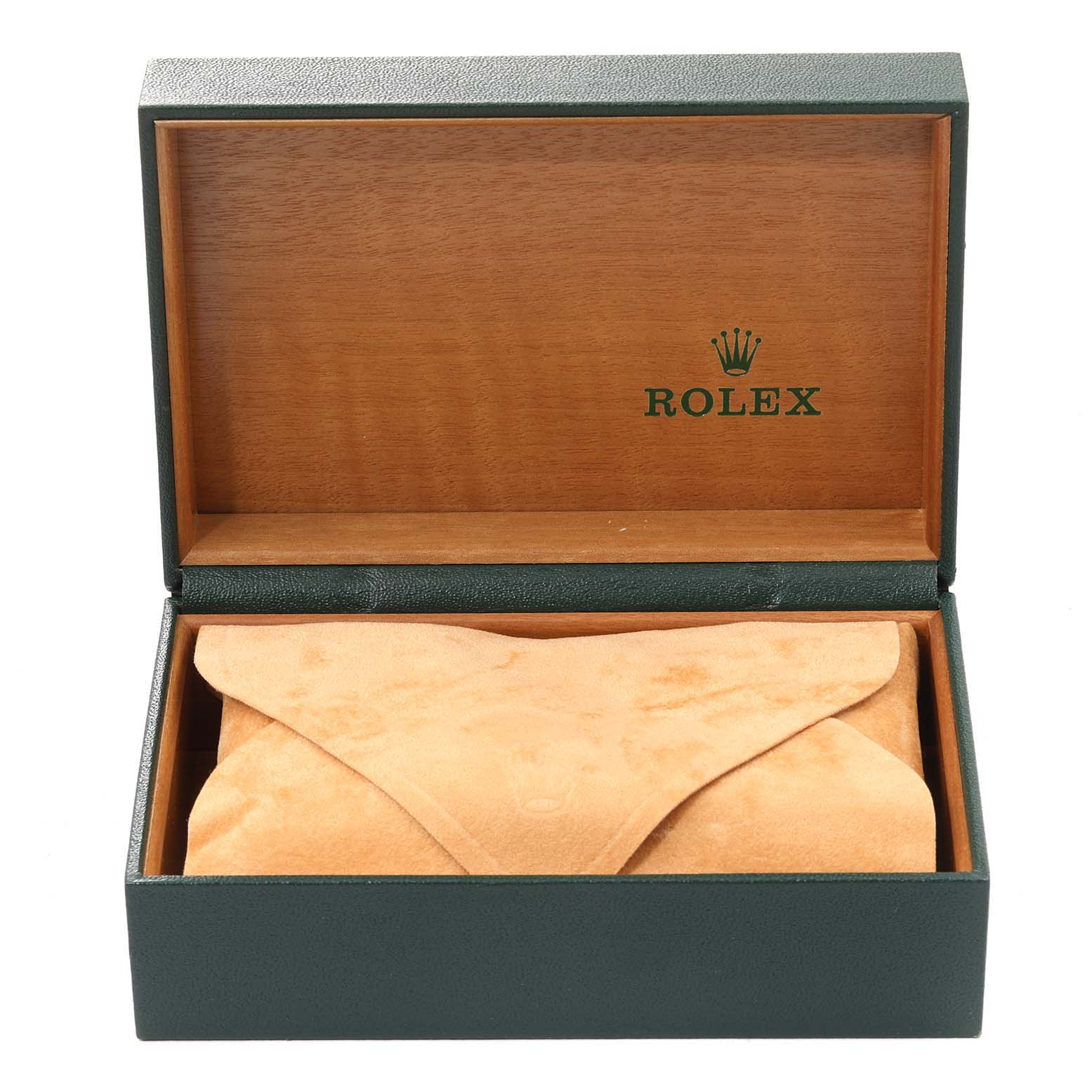 The image shows an open Rolex watch box revealing a suede pouch, likely meant for the Submariner model.