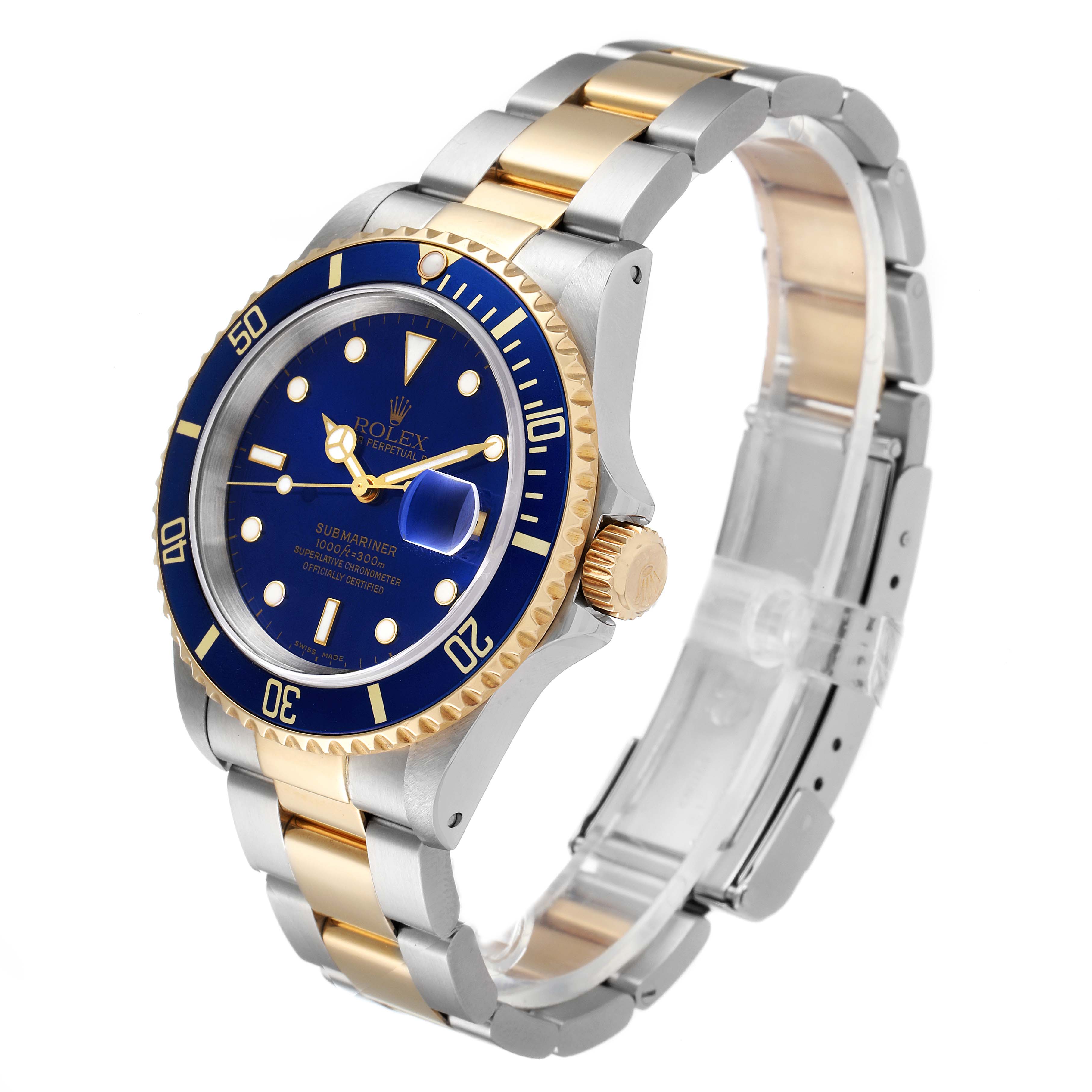 The image shows a Rolex Submariner 16613 Men's Steel and Gold (two tone) Blue Dial 16613 Men's Steel and Gold (two tone) Blue Dial watch at a three-quarter angle, displaying its blue dial, gold bezel, and two-tone bracelet.