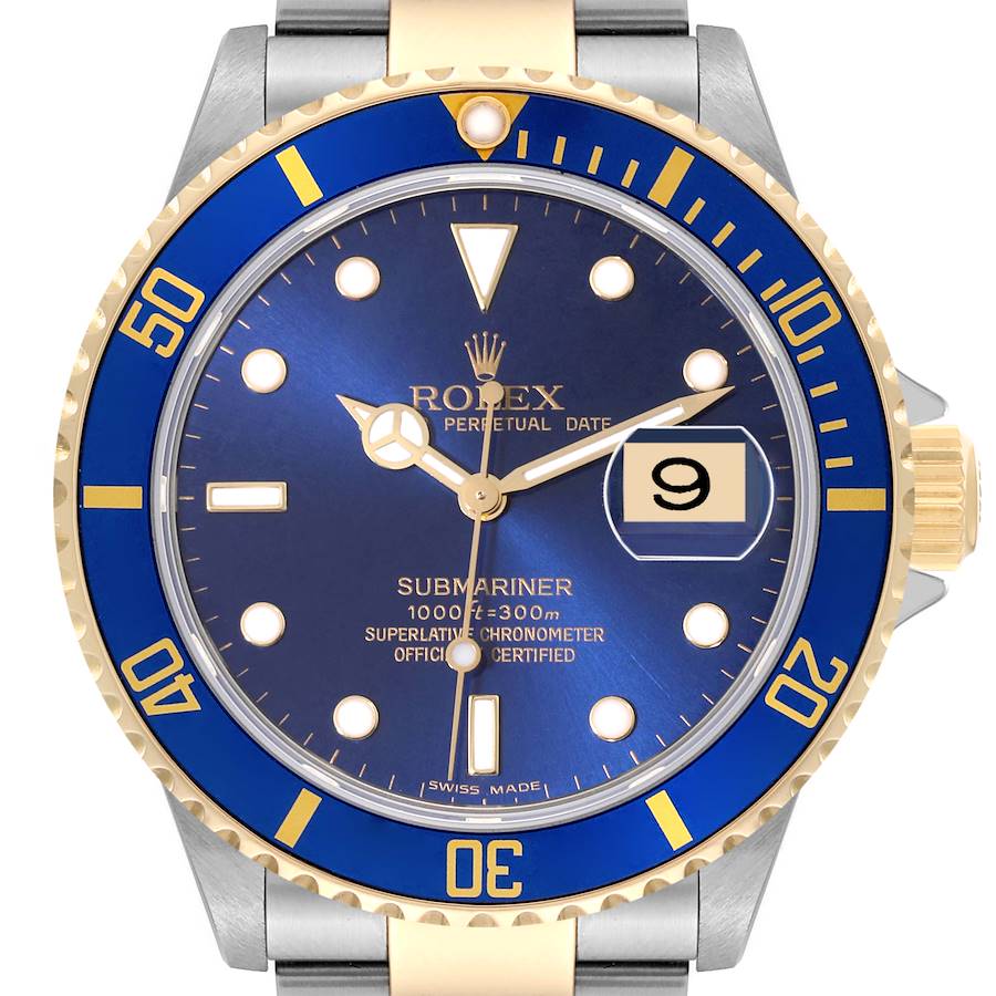 The image shows a frontal view of a Rolex Submariner watch, highlighting its blue dial, blue bezel, and date window.