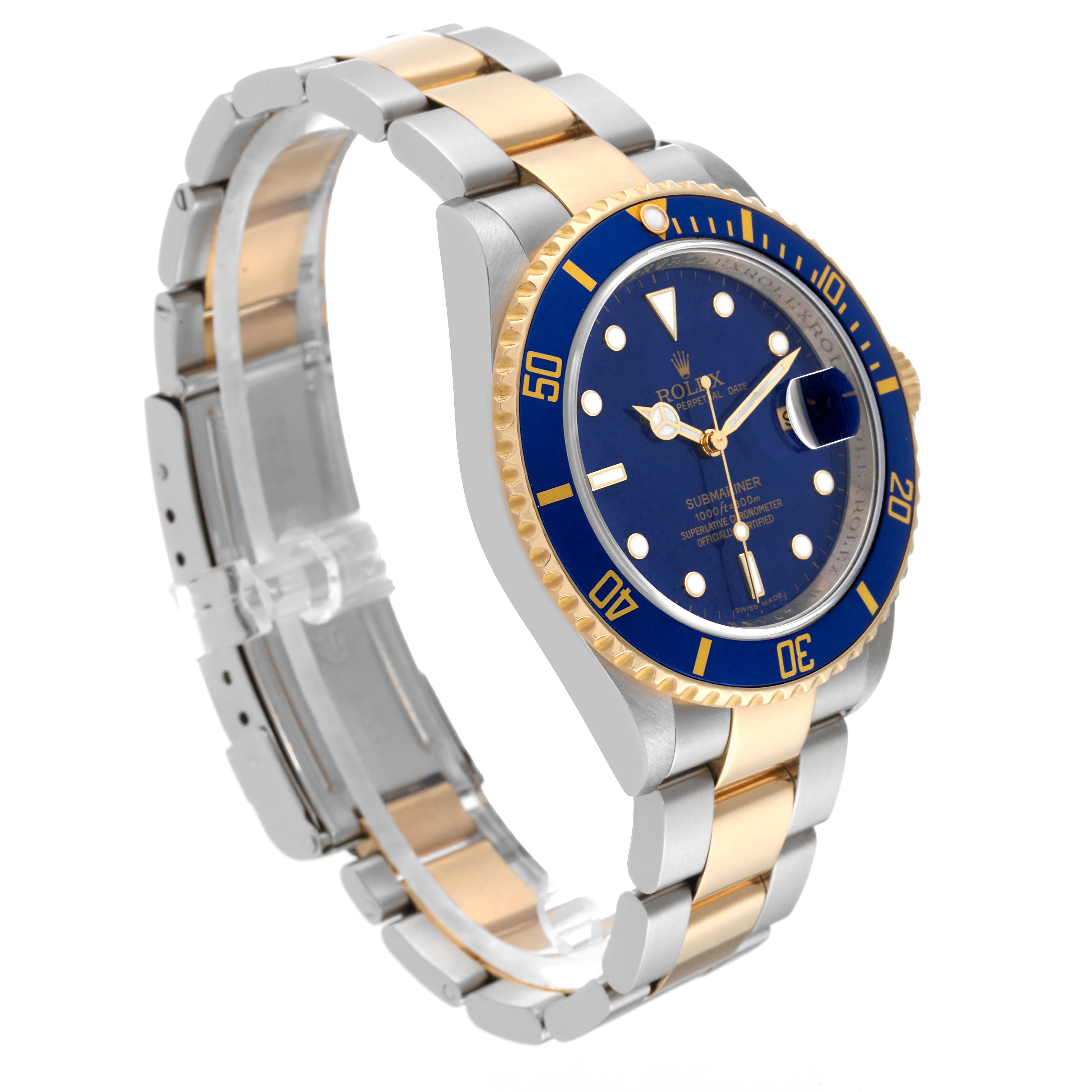 This image shows a side-angle view of a Rolex Submariner 16613 Men's Steel and Gold (two tone) Blue Dial 16613 Men's Steel and Gold (two tone) Blue Dial watch, highlighting its two-tone bracelet and blue bezel.