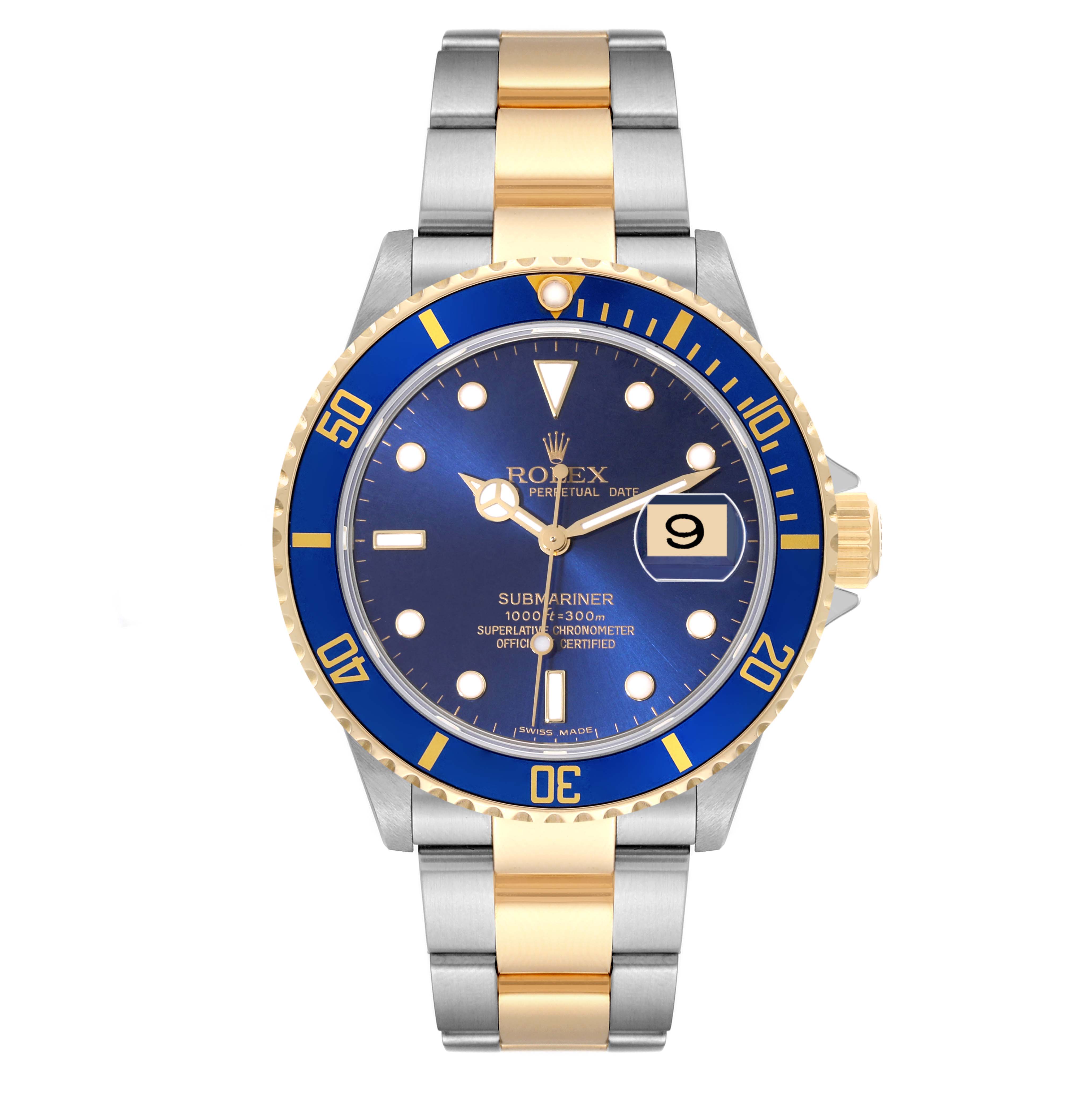 The Rolex Submariner 16613 Men's Steel and Gold (two tone) Blue Dial 16613 Men's Steel and Gold (two tone) Blue Dial watch is displayed from a top-down angle, showing the blue dial, date window, and two-tone metal bracelet.