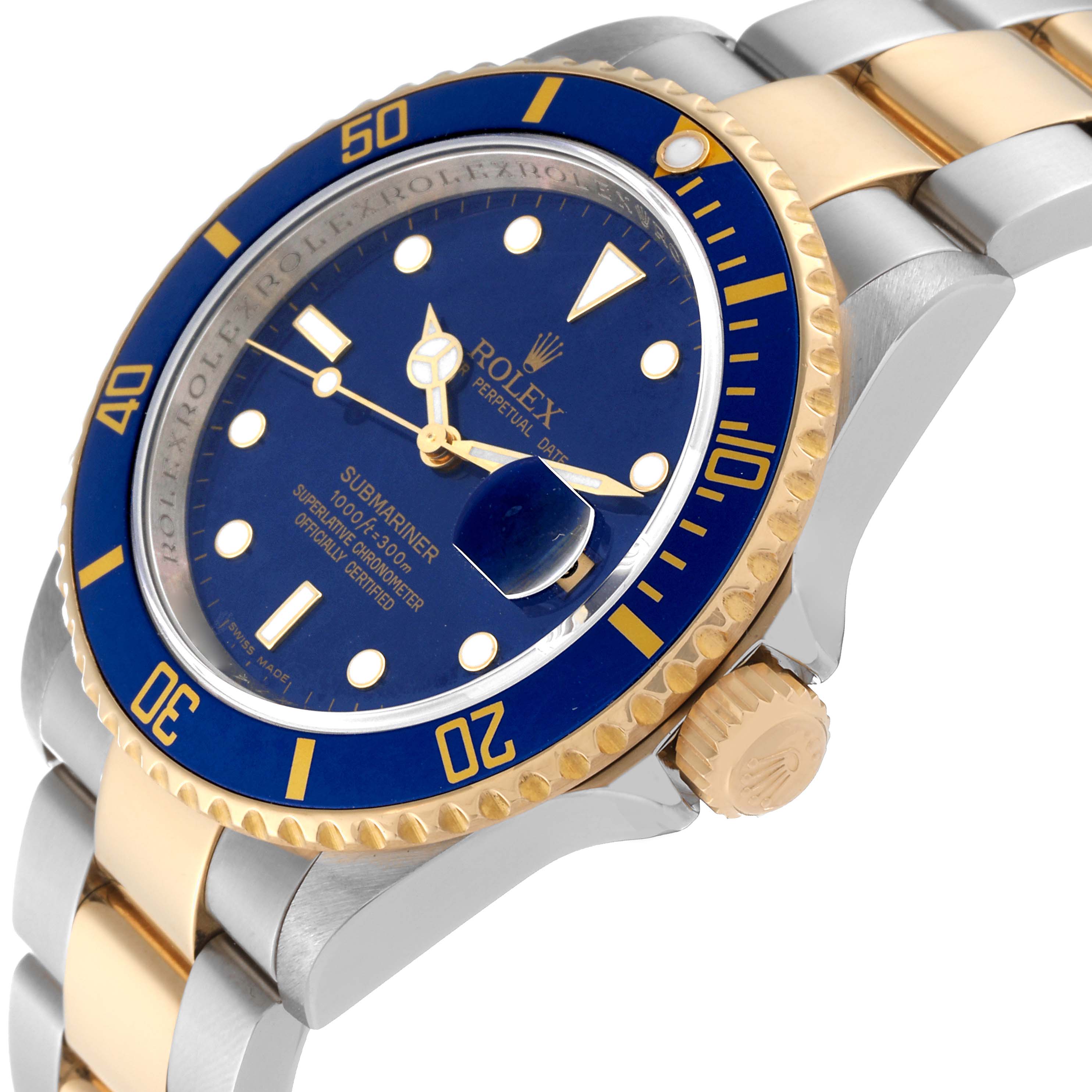 The image shows the side and top view of a Rolex Submariner 16613 Men's Steel and Gold (two tone) Blue Dial 16613 Men's Steel and Gold (two tone) Blue Dial, highlighting its blue bezel, dial, and two-tone bracelet.