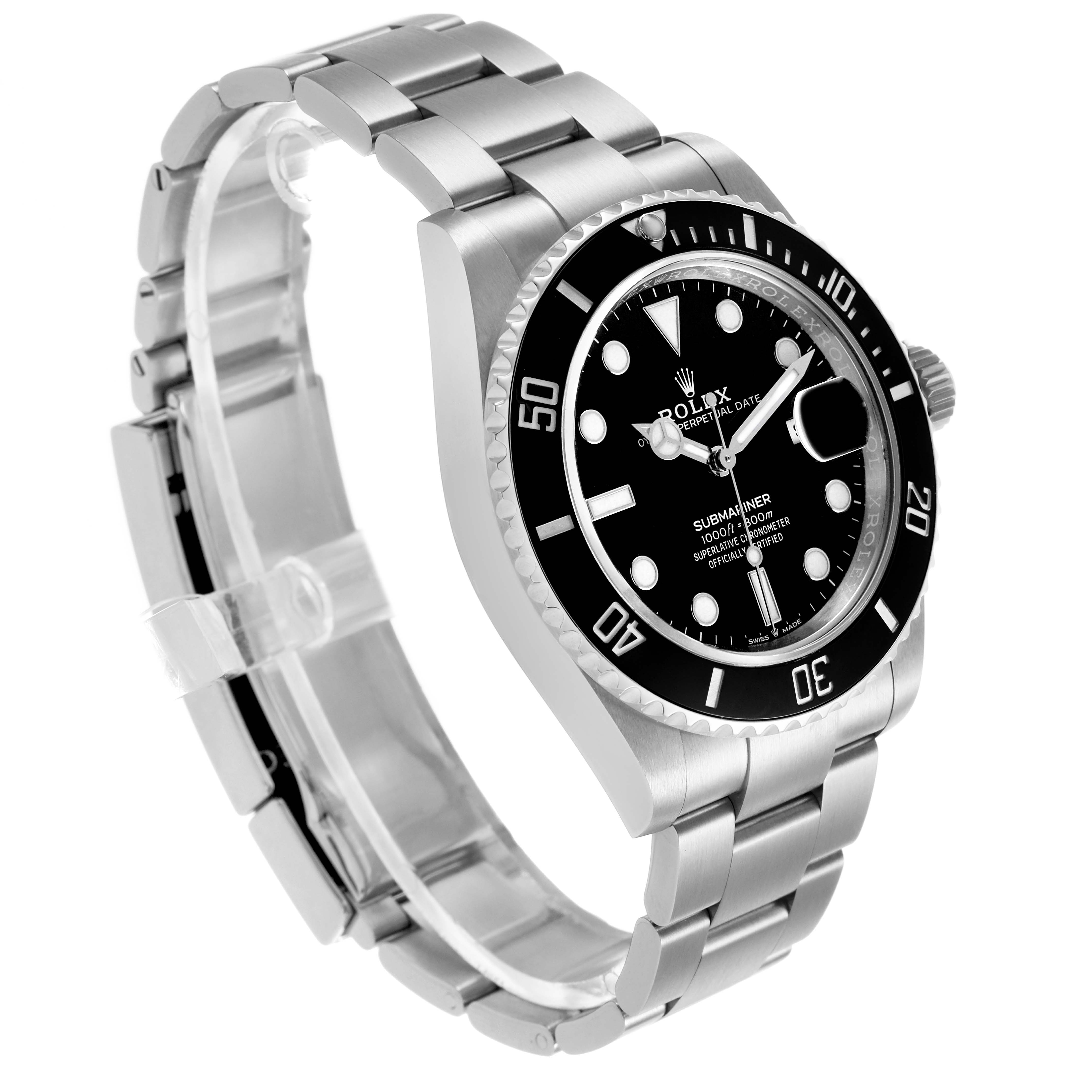 The Rolex Submariner 126610LN Men's Stainless Steel Black Dial model is shown at a three-quarter angle highlighting the bezel, dial, crown, and bracelet.
