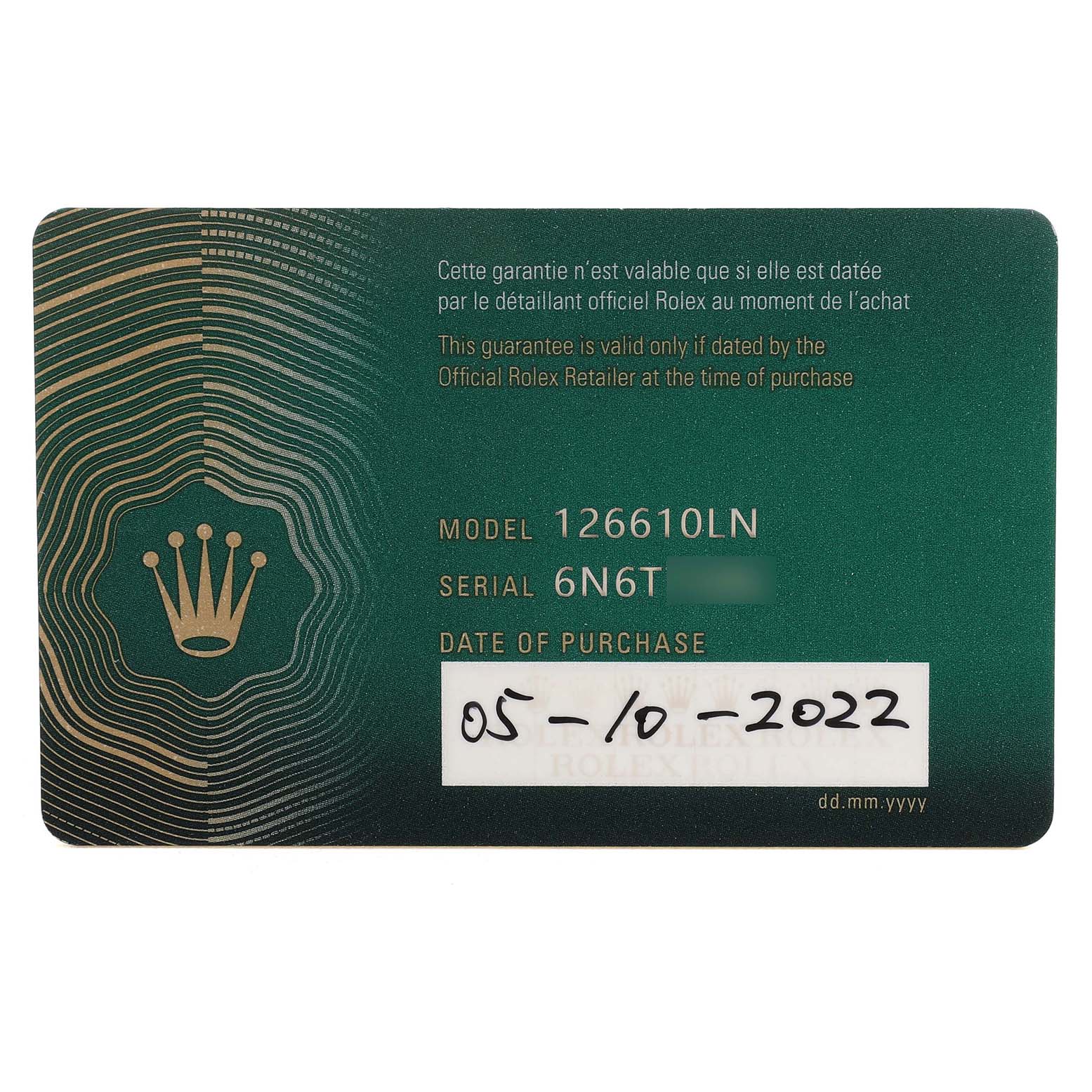 The image shows a guarantee card for the Rolex Submariner 126610LN Men's Stainless Steel Black Dial, displaying the model number and purchase date.