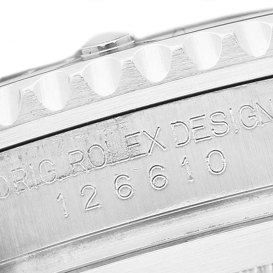 This image shows a close-up of the side view, highlighting the engraved design number on the bezel of a Rolex Submariner 126610LN Men's Stainless Steel Black Dial.