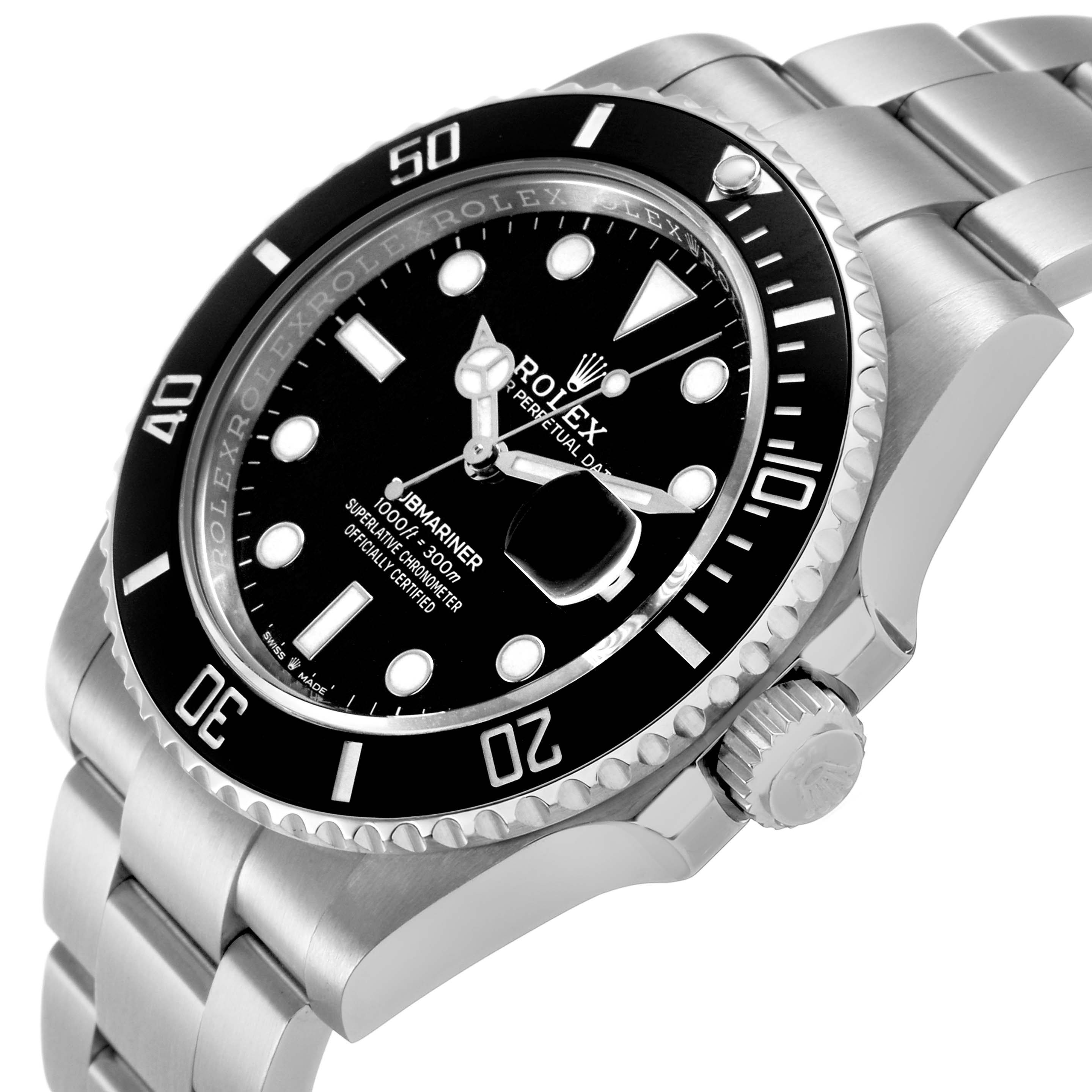 The Rolex Submariner 126610LN Men's Stainless Steel Black Dial watch is shown at an angled side view, highlighting its bezel, dial, crown, and bracelet.