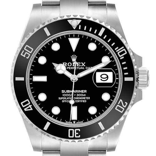 The image shows a front view of the Rolex Submariner 126610LN Men's Stainless Steel Black Dial watch, highlighting the dial, bezel, and crown.