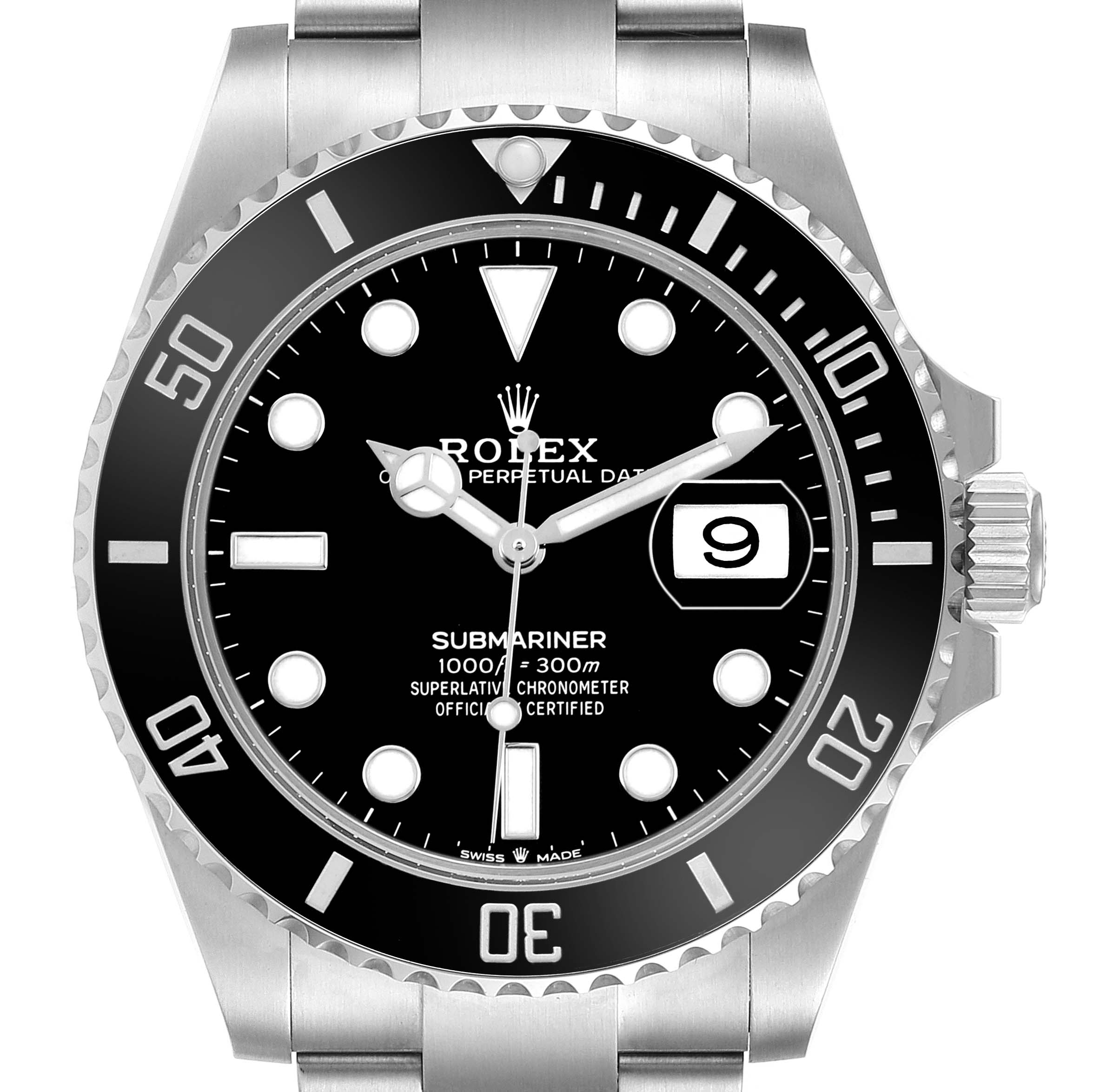 The Rolex Submariner 126610LN Men's Stainless Steel Black Dial watch is shown from a front angle, displaying the dial, bezel, and part of the bracelet.