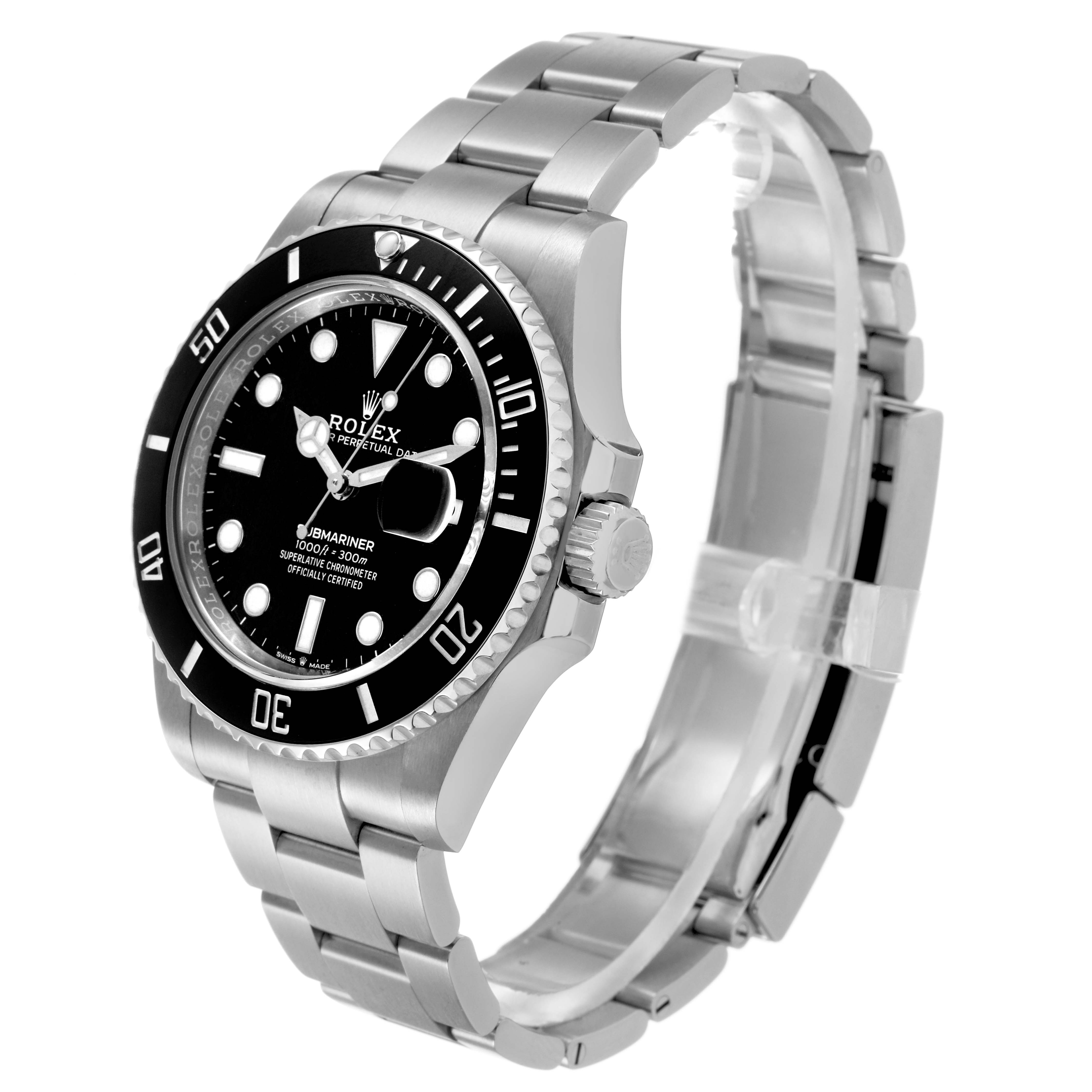 The Rolex Submariner 126610LN Men's Stainless Steel Black Dial watch is shown angled from the front-left, displaying the dial, bezel, crown, and bracelet.