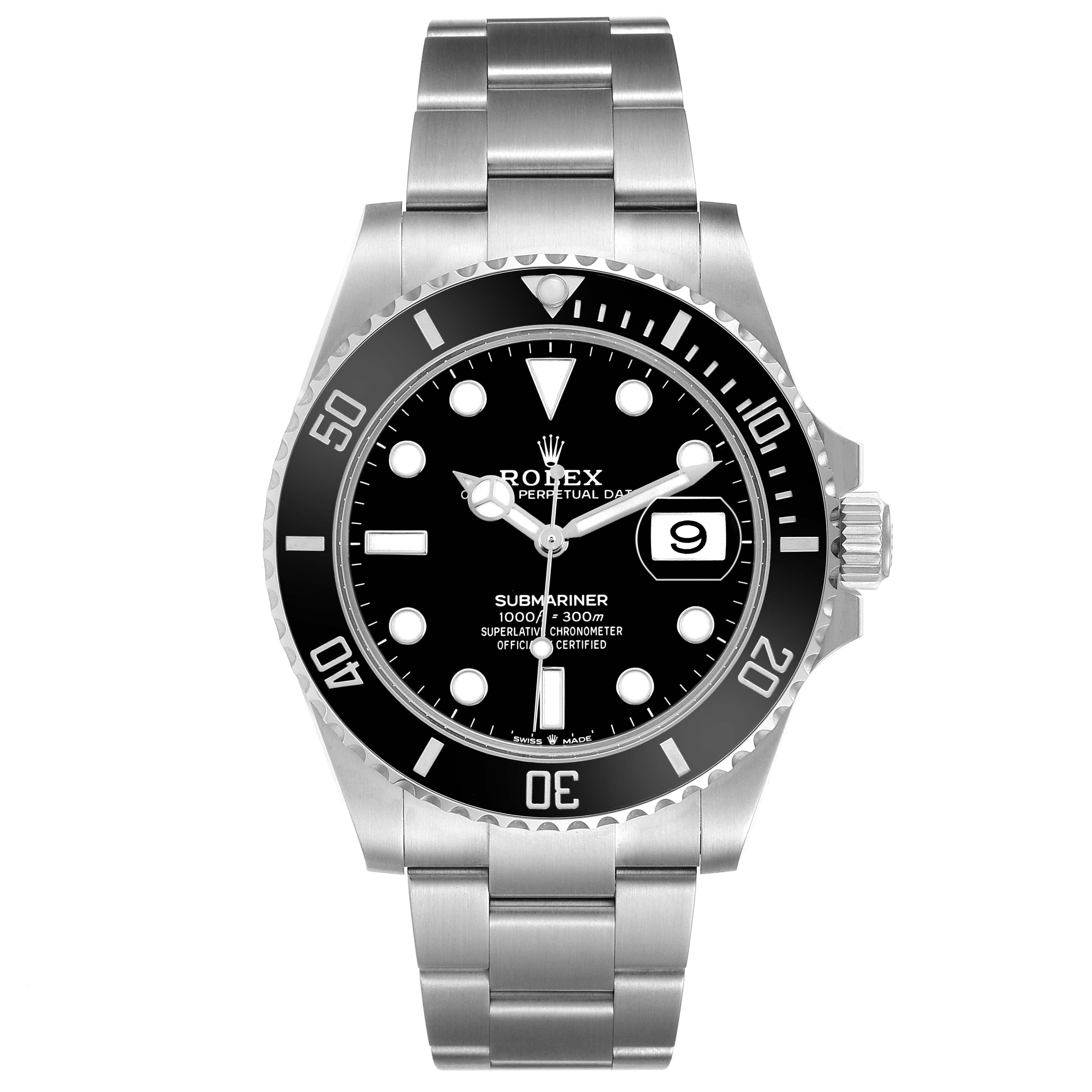 The Rolex Submariner 126610LN Men's Stainless Steel Black Dial is shown from a front angle, displaying the full dial, bezel, and bracelet.