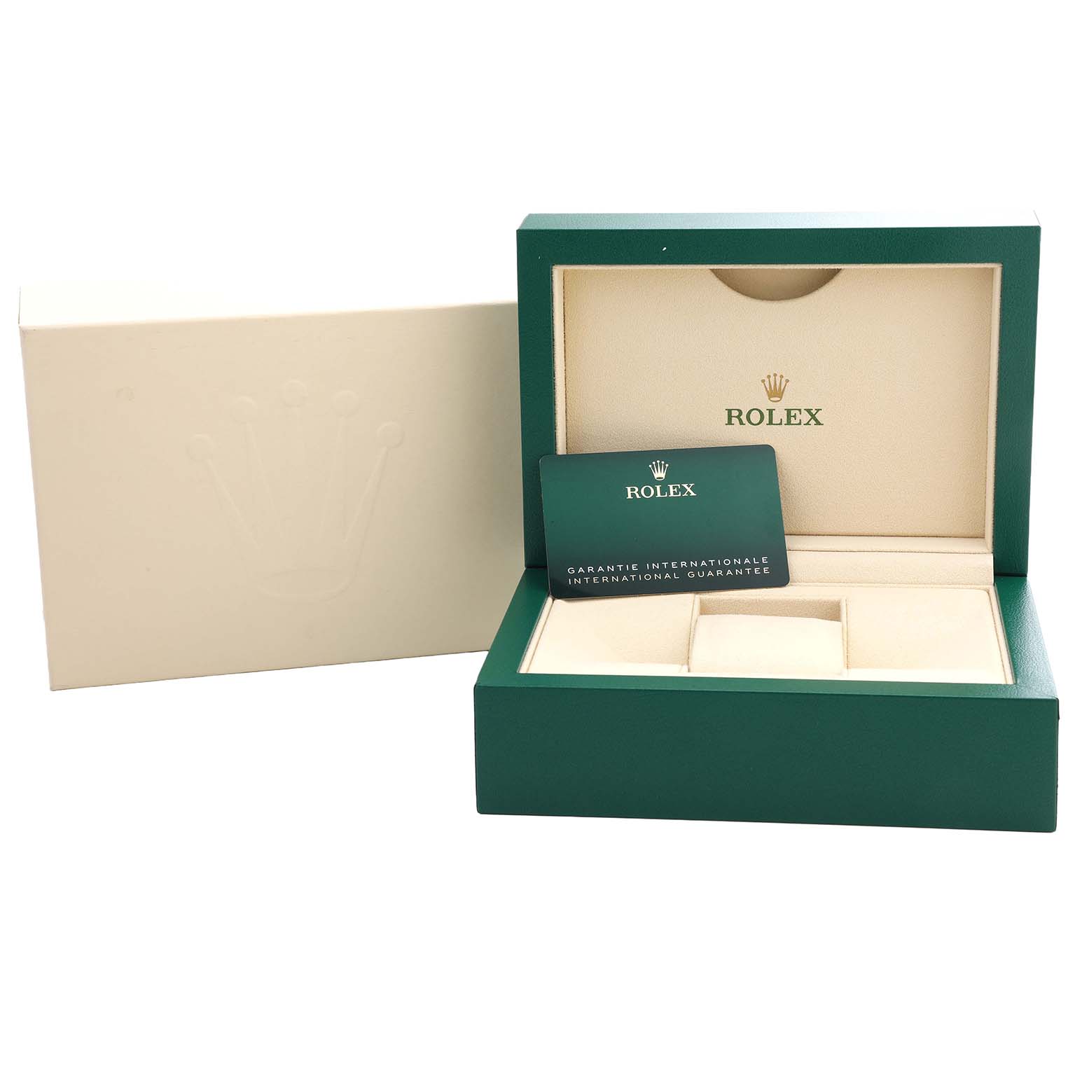 The image shows a Rolex Submariner 126610LN Men's Stainless Steel Black Dial watch box with an open lid and an international guarantee card inside.