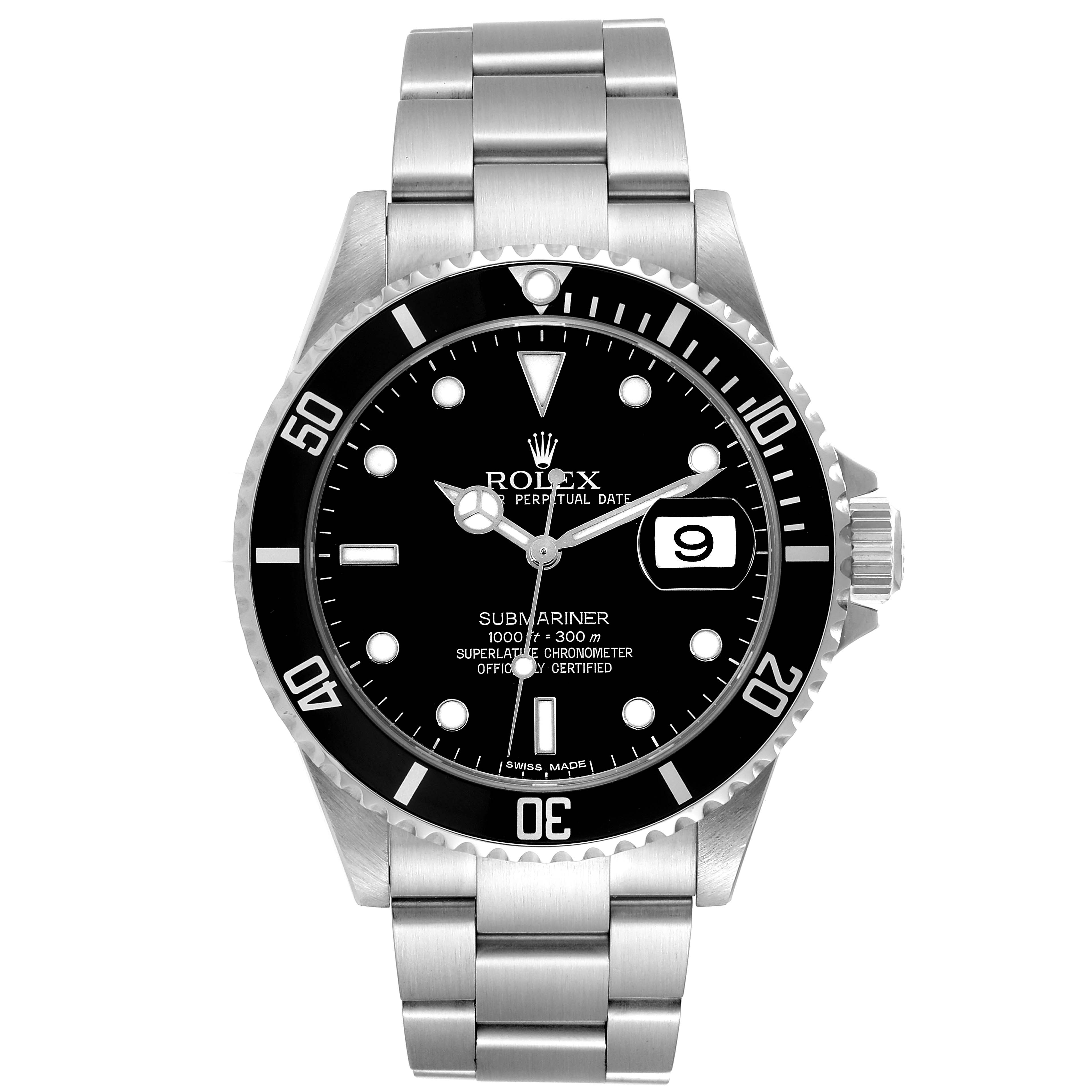 This image shows a front view of the Rolex Submariner 16610 Men
s Stainless Steel Black Dial 16610 Men
s Stainless Steel Black Dial watch, highlighting the dial, bezel, bracelet, and crown.
