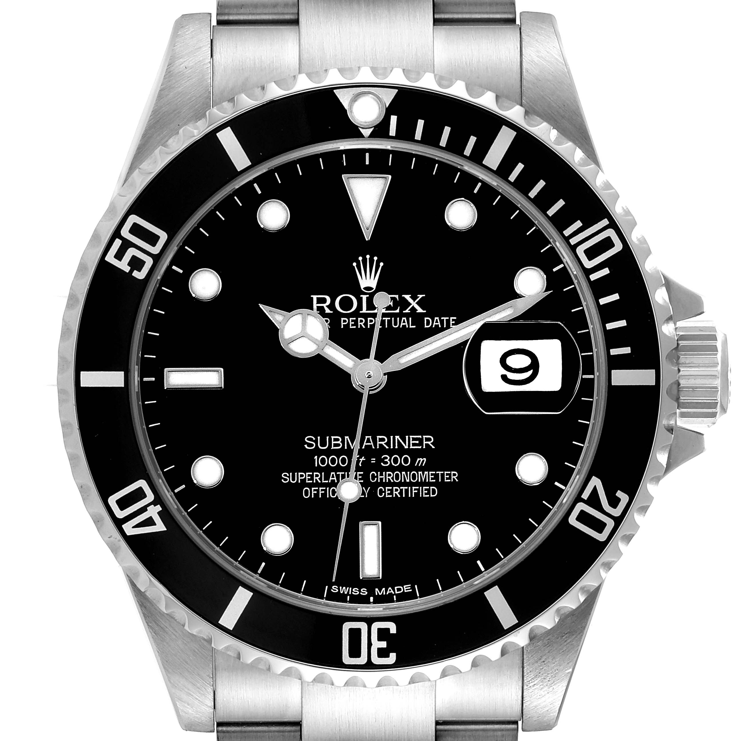 This image shows a frontal view of a Rolex Submariner 16610 Men
s Stainless Steel Black Dial 16610 Men
s Stainless Steel Black Dial watch, displaying the face, bezel, and part of the bracelet.