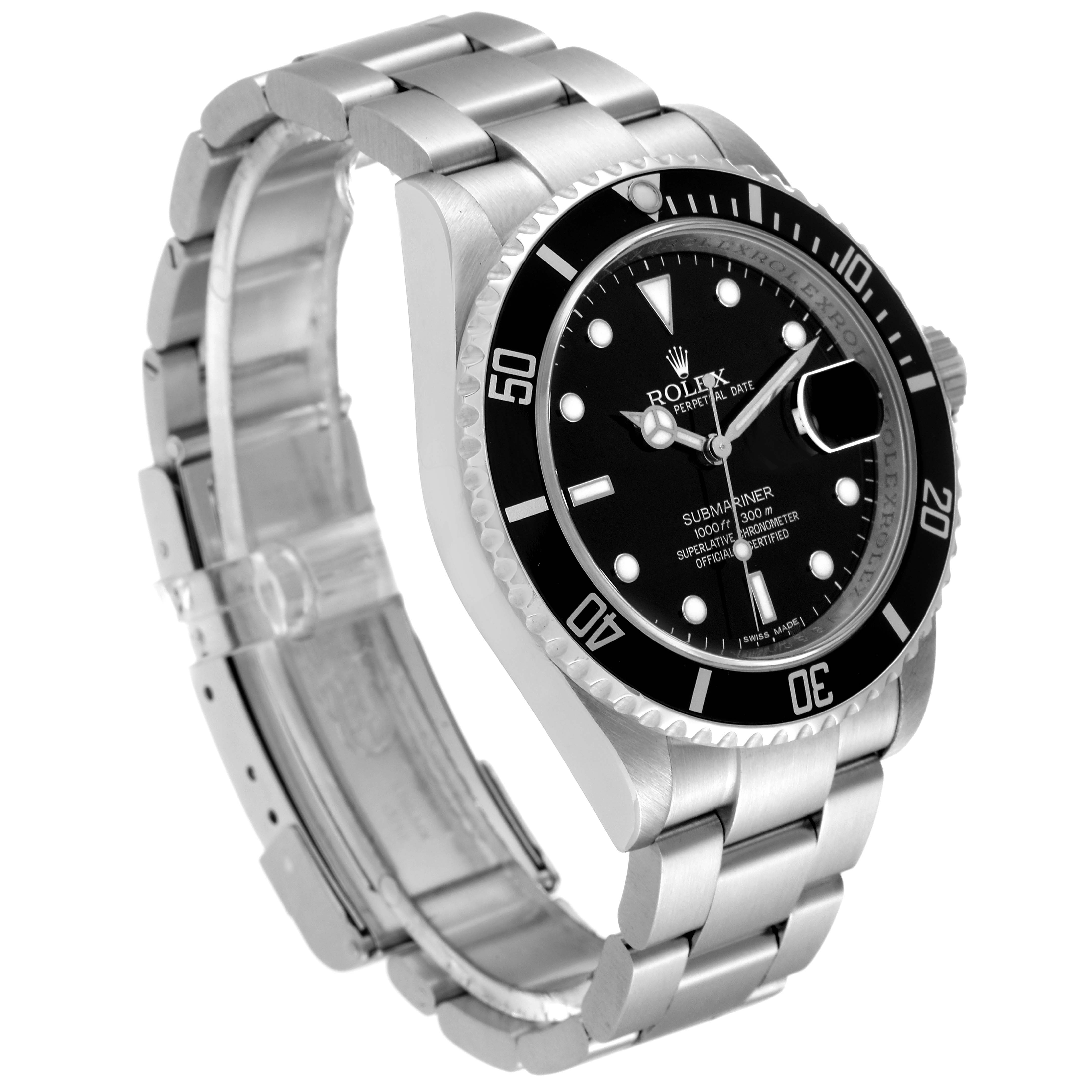 The image displays a Rolex Submariner 16610 Men
s Stainless Steel Black Dial 16610 Men
s Stainless Steel Black Dial watch angled to show its black dial, bezel, stainless steel bracelet, and clasp.